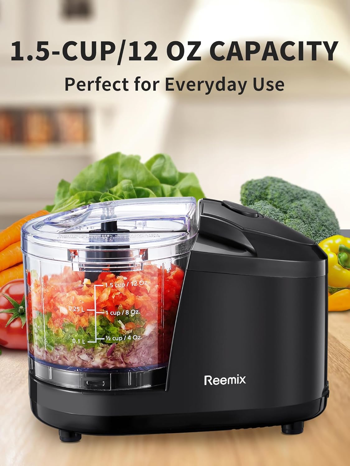 1.5-Cup One-Touch Electric Food Chopper, 100W Mini Food Processor Meat Grinder, Mix, Chop, Mince and Blend Vegetables, Fruits, Nuts, Meats, Stainless Steel Blade (Black)
