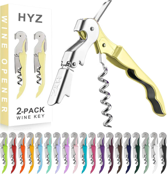 HYZ 2-Pack Wine Opener Waiter Corkscrew, Professional Wine Key for Servers, Bartender with Foil Cutter, Manual Wine Bottle Opener Double Hinged (Light Yellow)