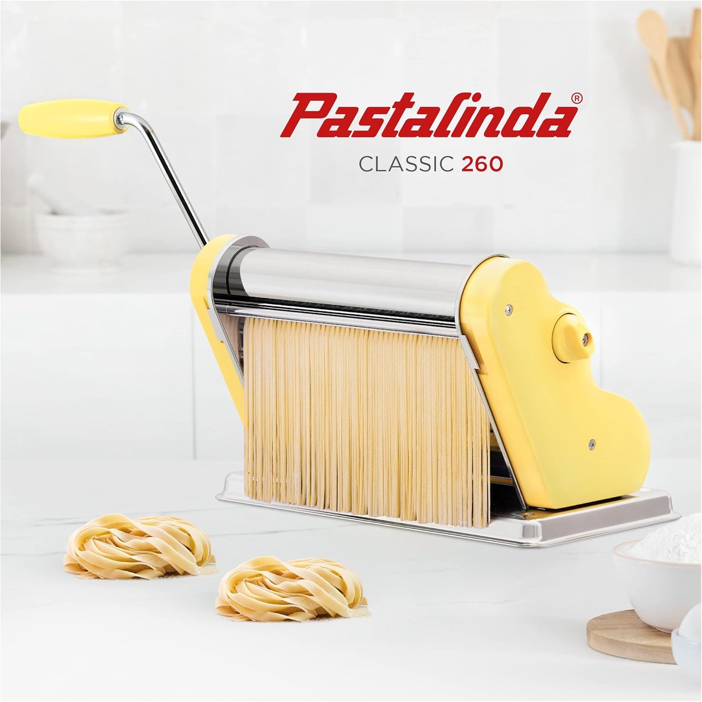 PASTALINDA Classic 260 Pasta Maker Machine, 26 cm Wide Rollers, 9 Thickness Positions, 2 Cutting Positions, Stainless Steel. Includes Reinforced Hand Crank And Two Clamps (Yellow)