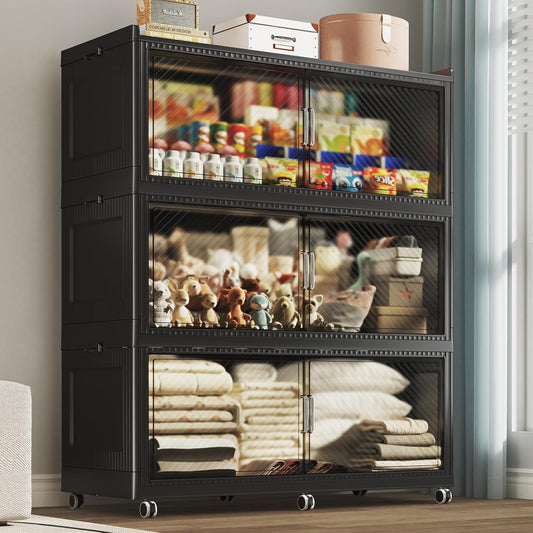 150GAL Extra Large Storage Bins with Lid, 600QT Plastic Stackable Storage Bins with 6x Wheels, Collapsible Closet Organizer and Storage Drawer Cabinet for Living Room Office Dorm, 3Pack Black