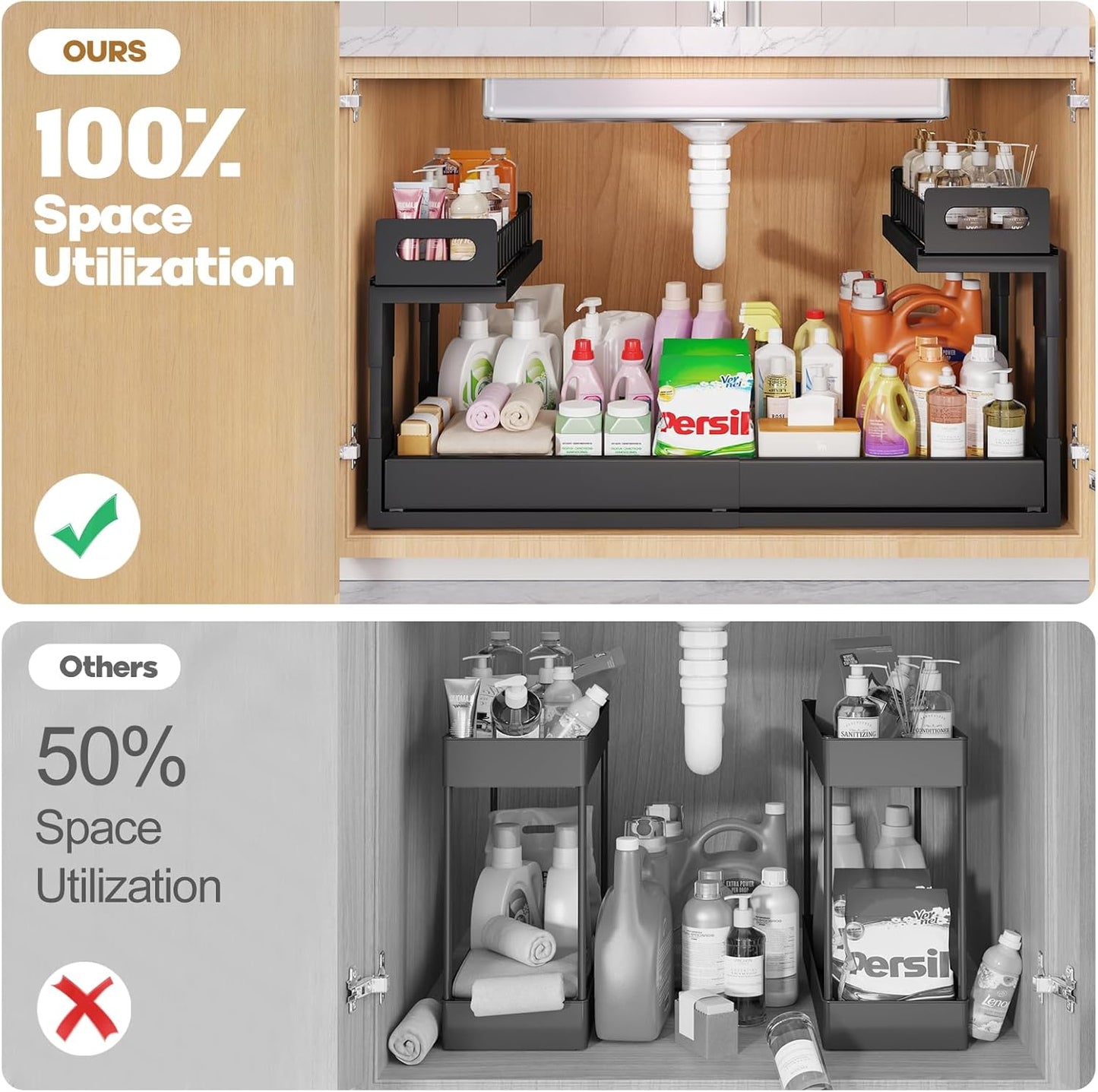 1 Pack-19"-32"W Expandable Under Sink Organizer With Upgrade Ball-Bearing Slide,2-Tier Pull Out Under Cabinet Organizer Height Adjustable,Not Suitable For Cabinets With Partitions In The Middle