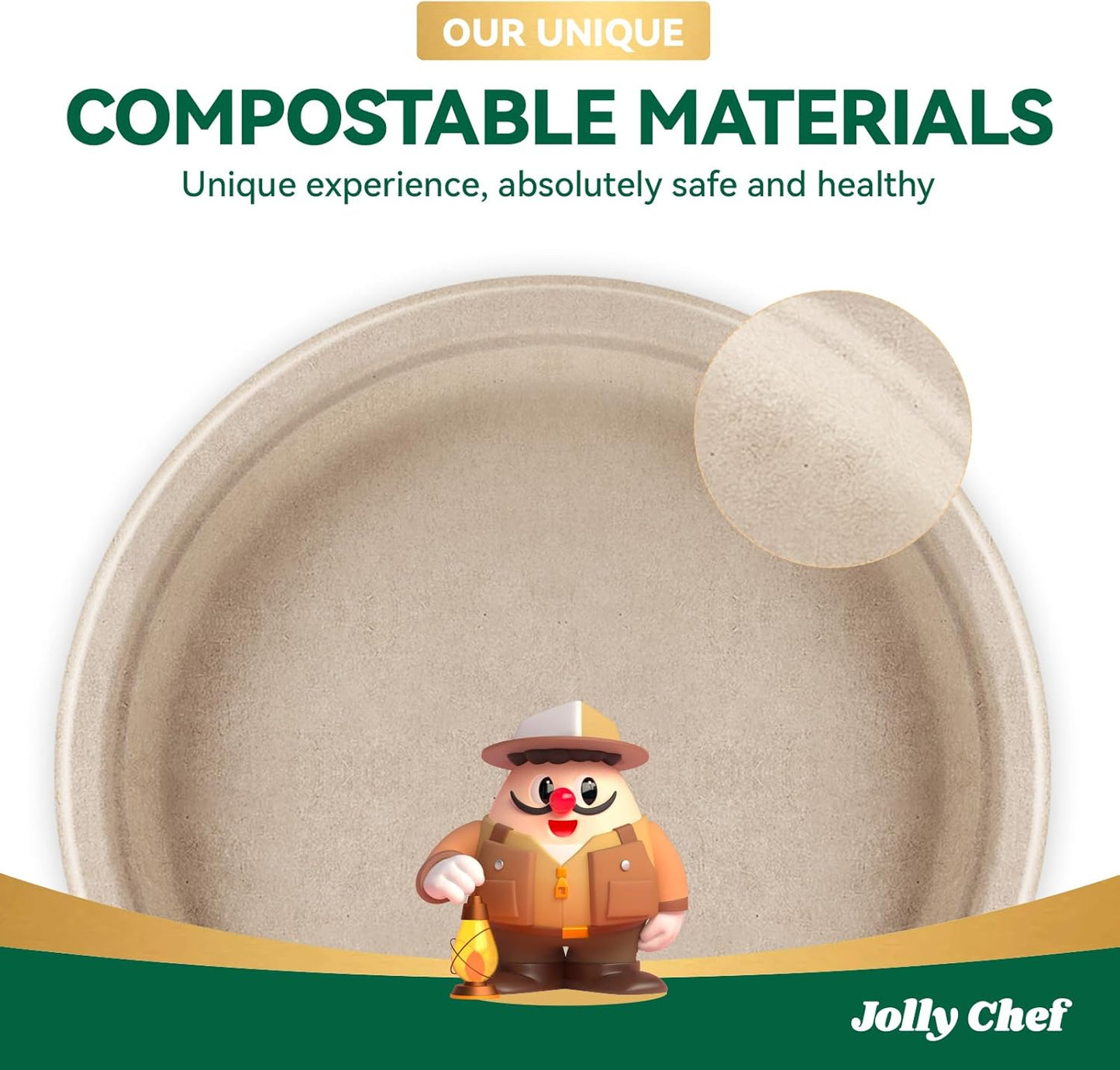 JOLLY CHEF Compostable Heavy Duty Plates 𝟭𝟬 𝗜𝗻𝗰𝗵 [𝟱𝟬𝟬 𝗣𝗮𝗰𝗸] Eco-Friendly Disposable Paper Plates Made of Bagasse Biodegradable Bulk for Party Dinner Sugarcane Fibers Round (Natural)
