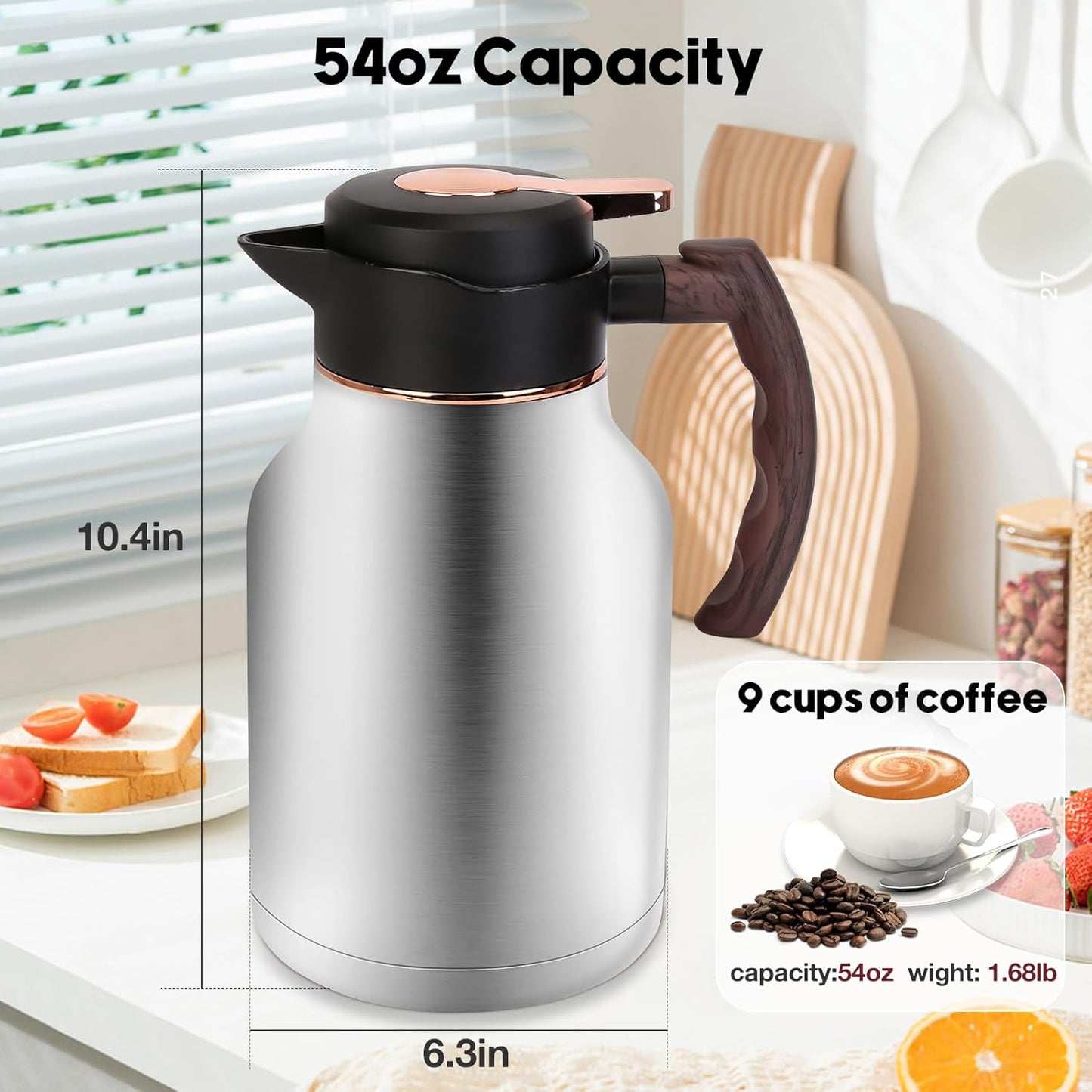 54oz Thermal Coffee Carafe, Stainless Steel Insulated Vacuum Carafe, Carafes for Keeping Hot, for Hot Water, Tea, Cold Drinks (Silver)
