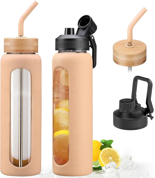 32oz Glass Water Bottle with Straw and 2 Lids- Bamboo Straw and Spout Lid with Phone Holder for Gym, Glass Drinking Bottles with Silicone Sleeve and Motivational Time Marker, Amber