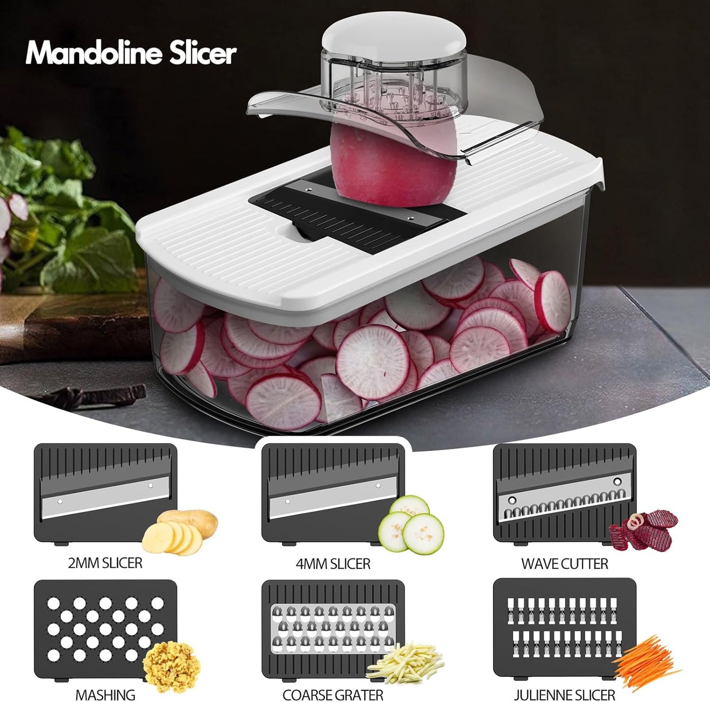 Cambom Mandoline Slicer Vegetable Slicer Spiralizer With 2 L Container for Potatoes, Tomatoes, Cucumbers, Carrots With 6 Blades White