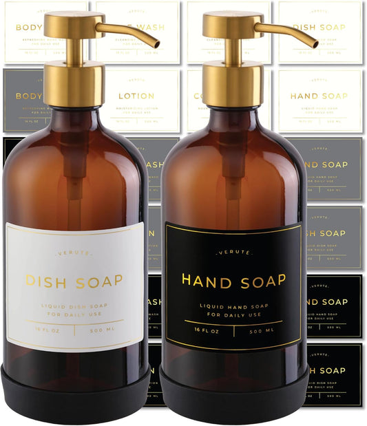 16oz Glass Soap Dispenser with Stainless Steel Pump, 21 Waterproof Labels, Non-Slip Protective Silicone Pad, Set of 2 for Bathroom & Kitchen (Amber Bottle/Brushed Gold Pump)