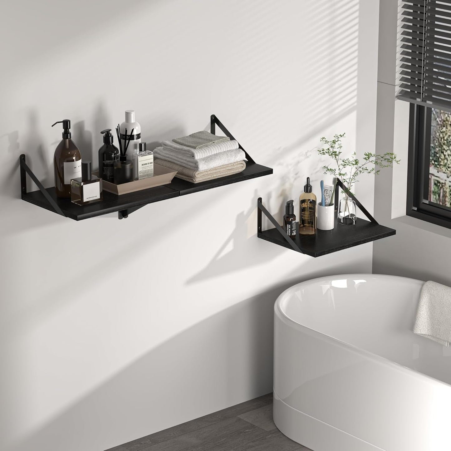 Heimlove Black Deep Floating Shelves for Wall, 16W x 12D Wood Wall Shelves Set of 2, Wide Floating Bookshelf for Living Room, Kitchen, Office, Bedroom and Decor Storage, with Metal Bracket - Black