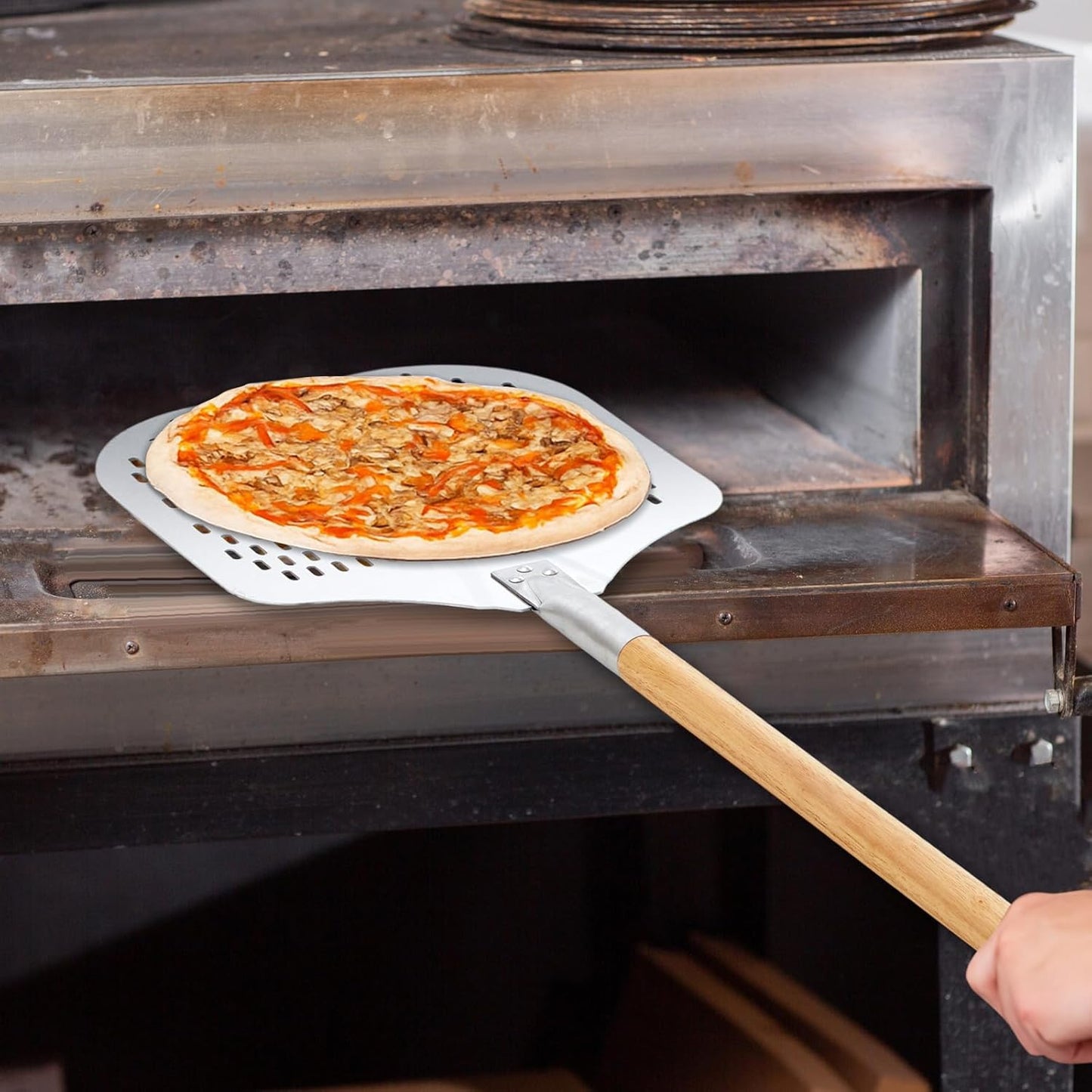 Maxdot 2 Pcs Perforated Pizza Peel 12 x 14 Inch Aluminum Pizza Spatula with Detachable Wood 52-inch Long Extendable Handle for Baking Homemade Pie Bread