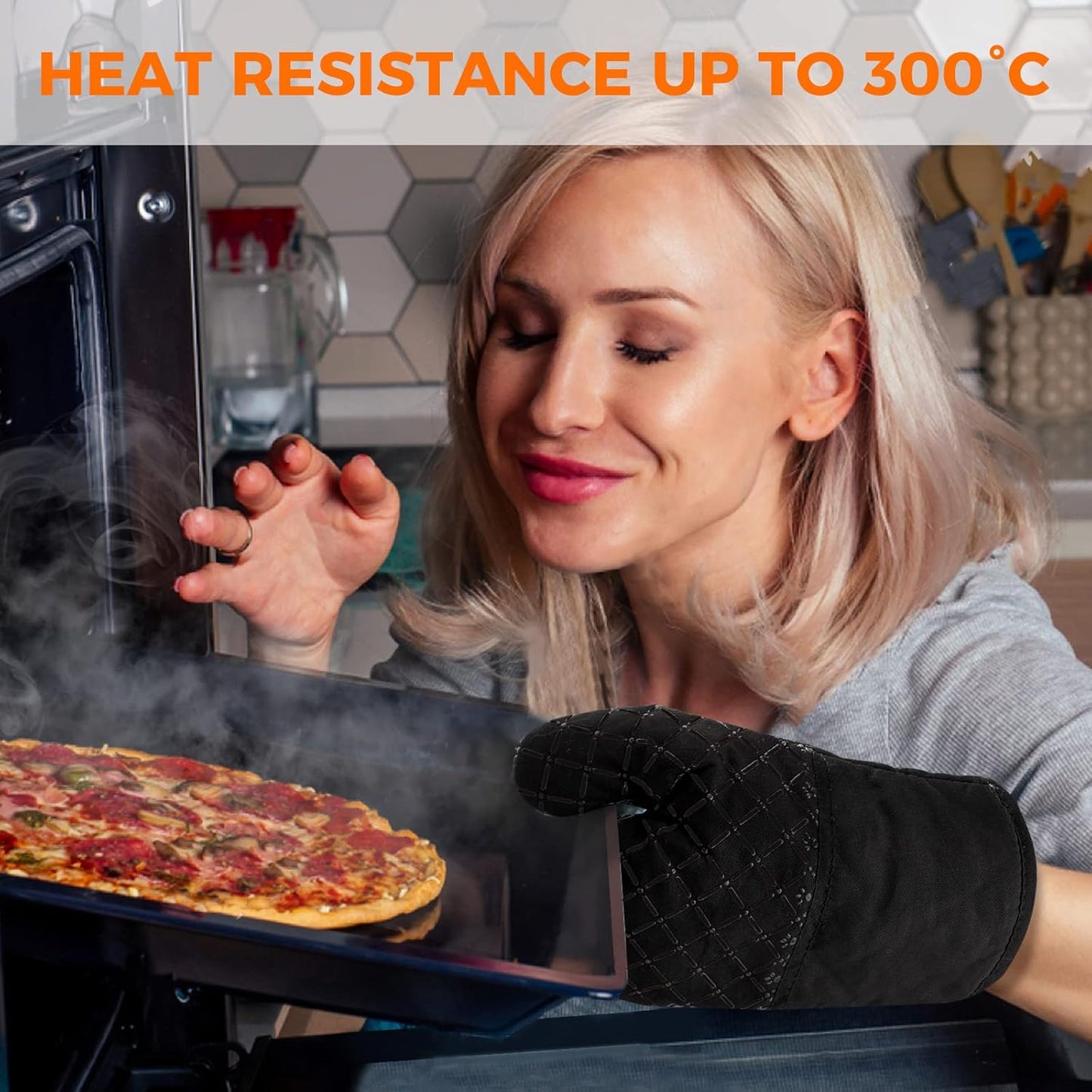 4PCS Oven Mitts and Pot Holders Sets 500°F Pot Holders for Kitchen Heat Resistant Oven Gloves Anti-Slip Silicone Stripe Oven Mitts Heat Resistant Hot Pads Oven Mits Potholders for Kitchens (Black)