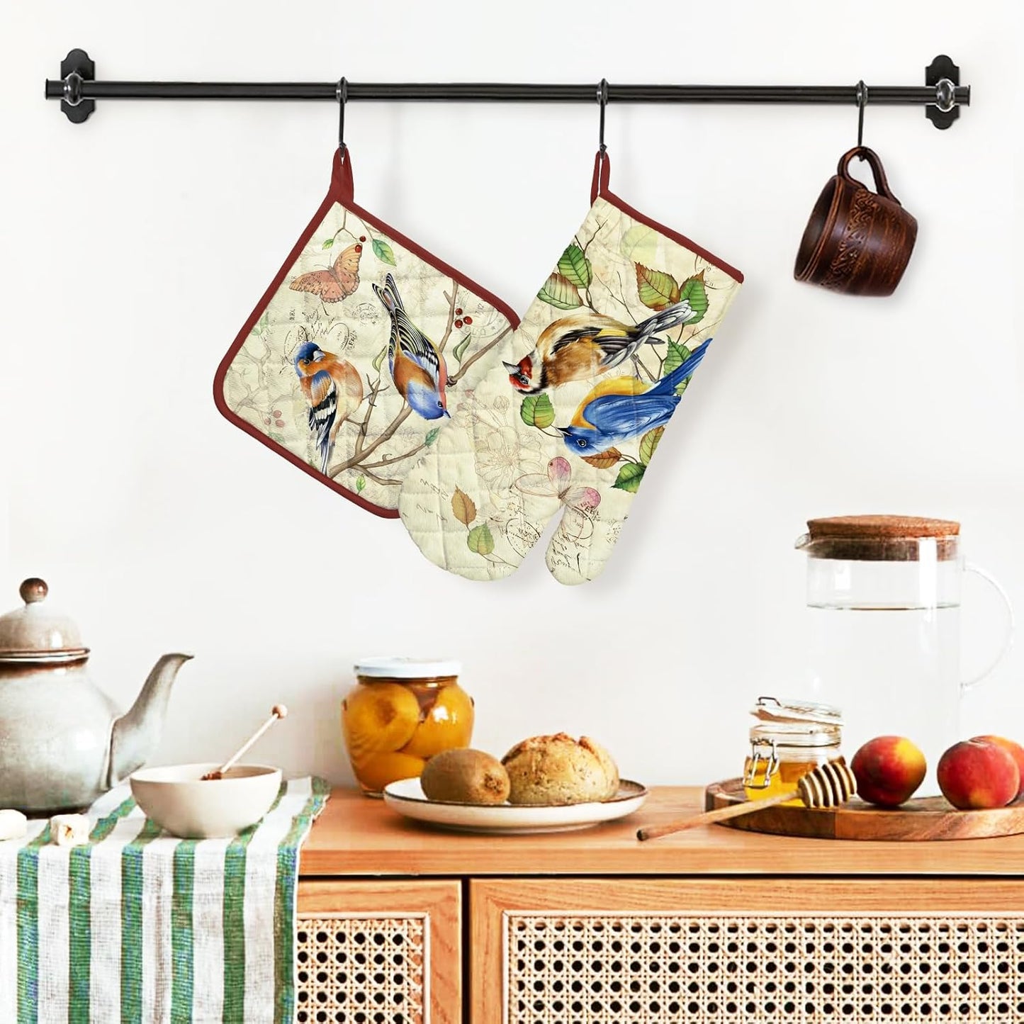 Vintage Bird Oven Mitts and Pot Holders Sets 2Pcs, 100% Cotton Heat Resistant, Extra Long Oven Gloves Potholder for Kitchen Cooking Baking Decoration