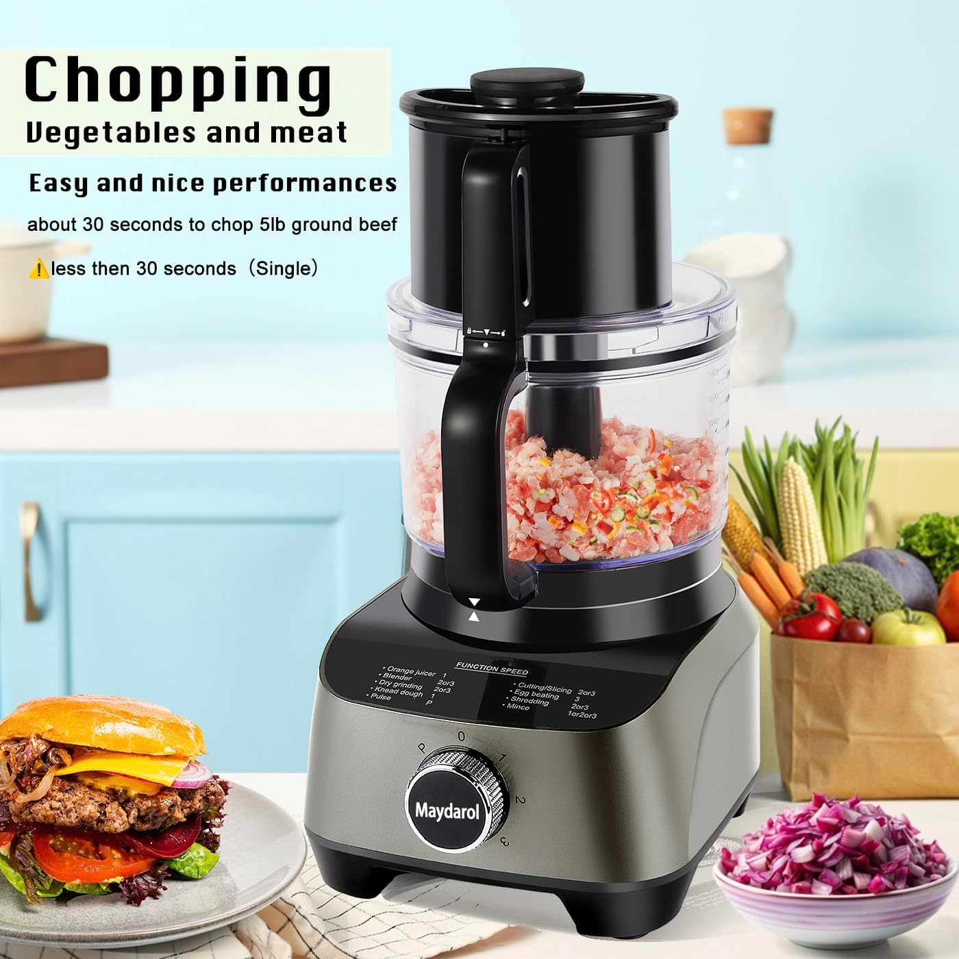 14 Cup Food Processor, French-Fry-Cutter, Blending, Mixing, Shredding, and Slicing, Meat and Vegetable Chopping, Doughing for Home Use, Mincing, and Pureeing,4 Speeds,600W