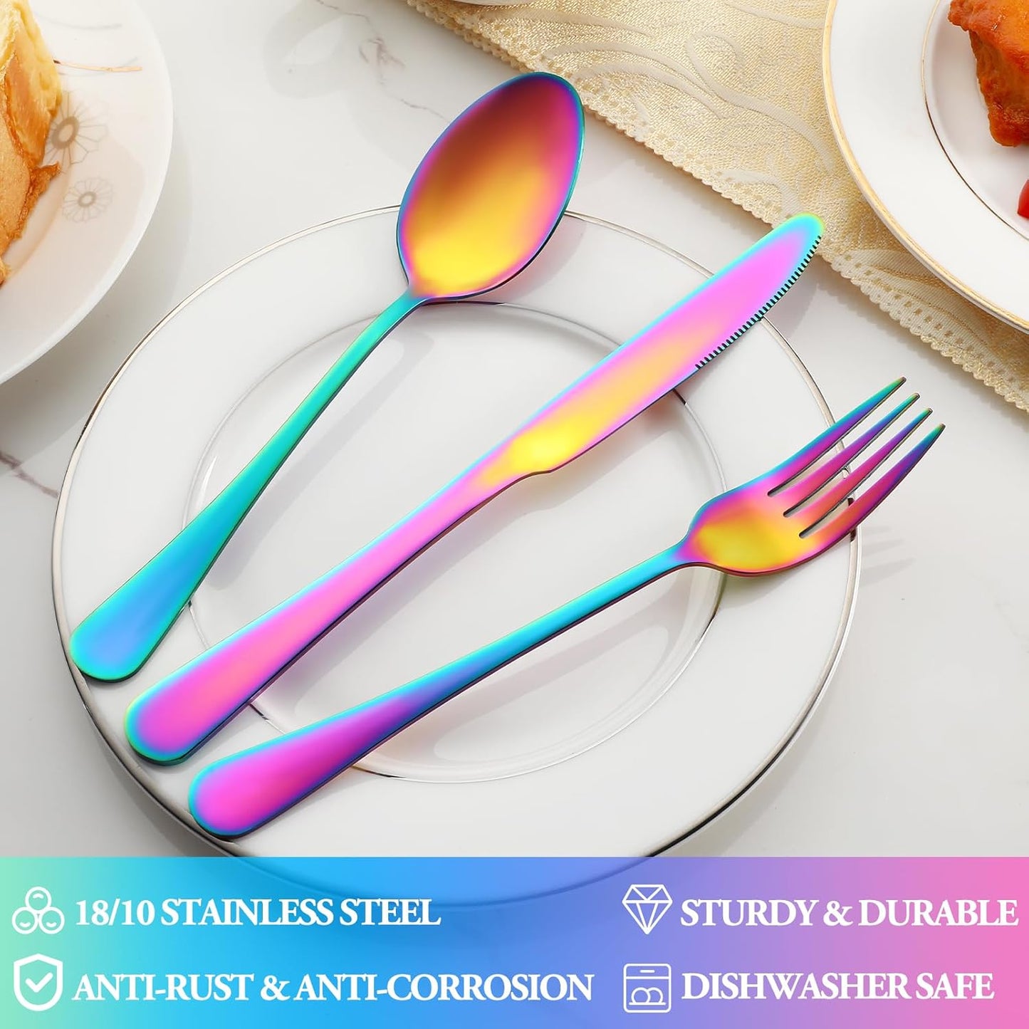 20 Pcs Rainbow Silverware Set Service for 4,Stainless Steel Flatware Serving Sets,Kitchen Tableware Set,Utensil Set for Home and Restaurant,Knives Forks Spoons Set,Mirror Polished,Dishwasher Safe