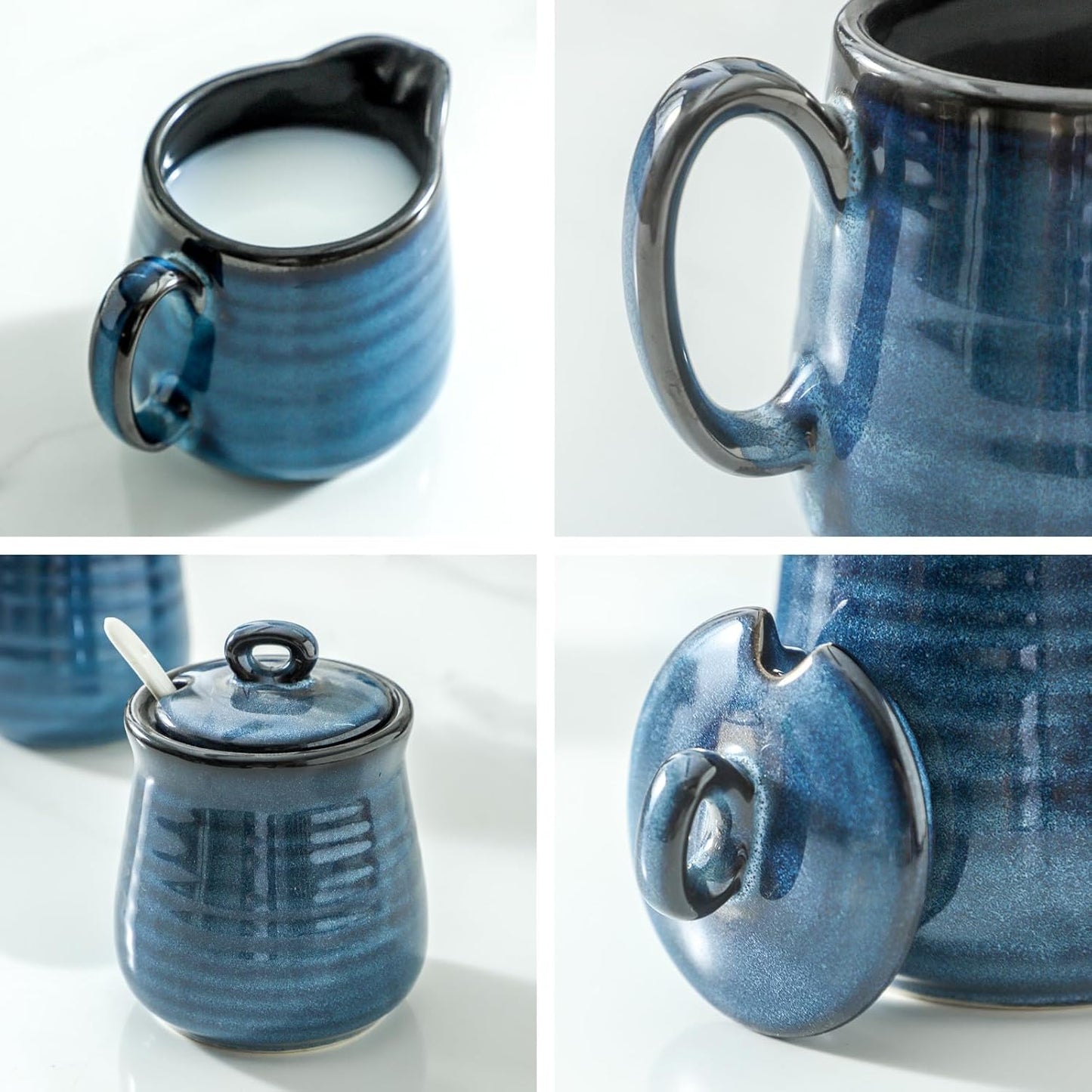 Glowworm Porcelain Sugar and Creamer Set, 11 Ounce Sugar Container, 10 Ounce Cream Pitcher, Farmhouse Coffee Sets for Serving, Dishwasher Safe, Blue