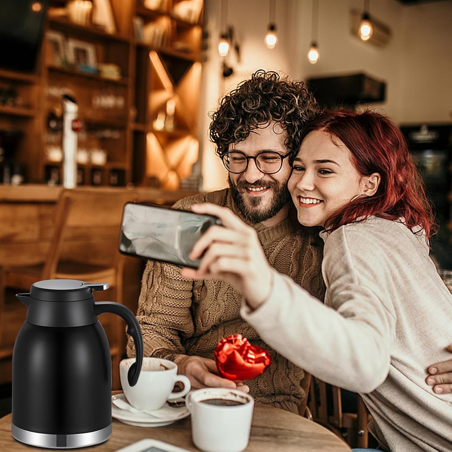 54oz 2PCS Stainless Steel Thermal Coffee Carafe Dispenser with Brush,Double Wall Vacuum Flask 1.6L Water Tea Pot Beverage Pitcher for Cold Drinks in Summer (Matte Black,2Pack)