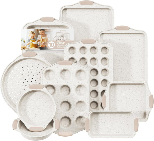 10-Piece Baking Pans Set Nonstick, Stackable Bakeware, Toxin-Free Baking Pans Set with Silicone Handles, Includes Cookie Sheets, Cake Pan, Loaf Pan, Pizza Pan, Muffin Pan, White&Khaki