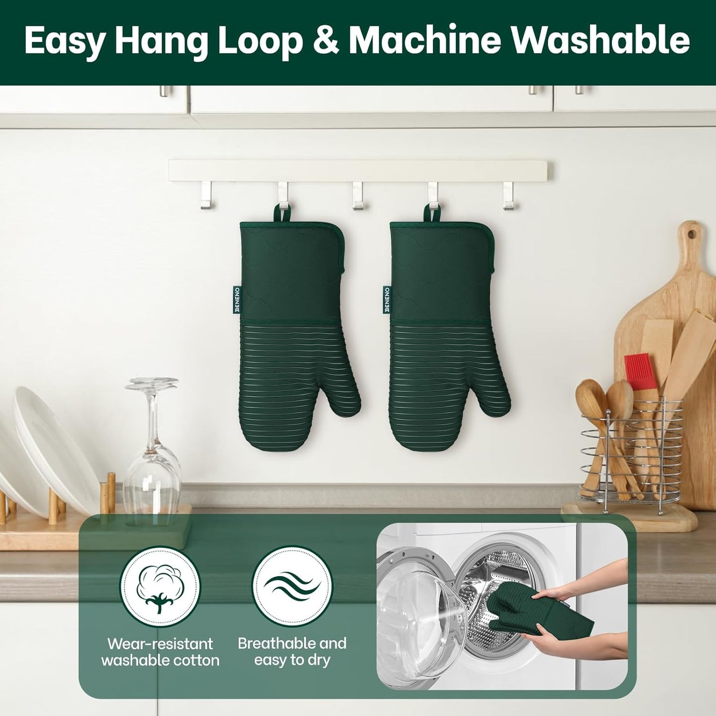 Beneno Kitchen Oven Mitts 2-Pack Heat Resistant to 500°F with Non-Slip Silicone Grip, Extra Long 14.3" Forearm Protection, Soft Quilted Cotton Terry Lining, Ideal for Cooking, Baking, Grilling, Green