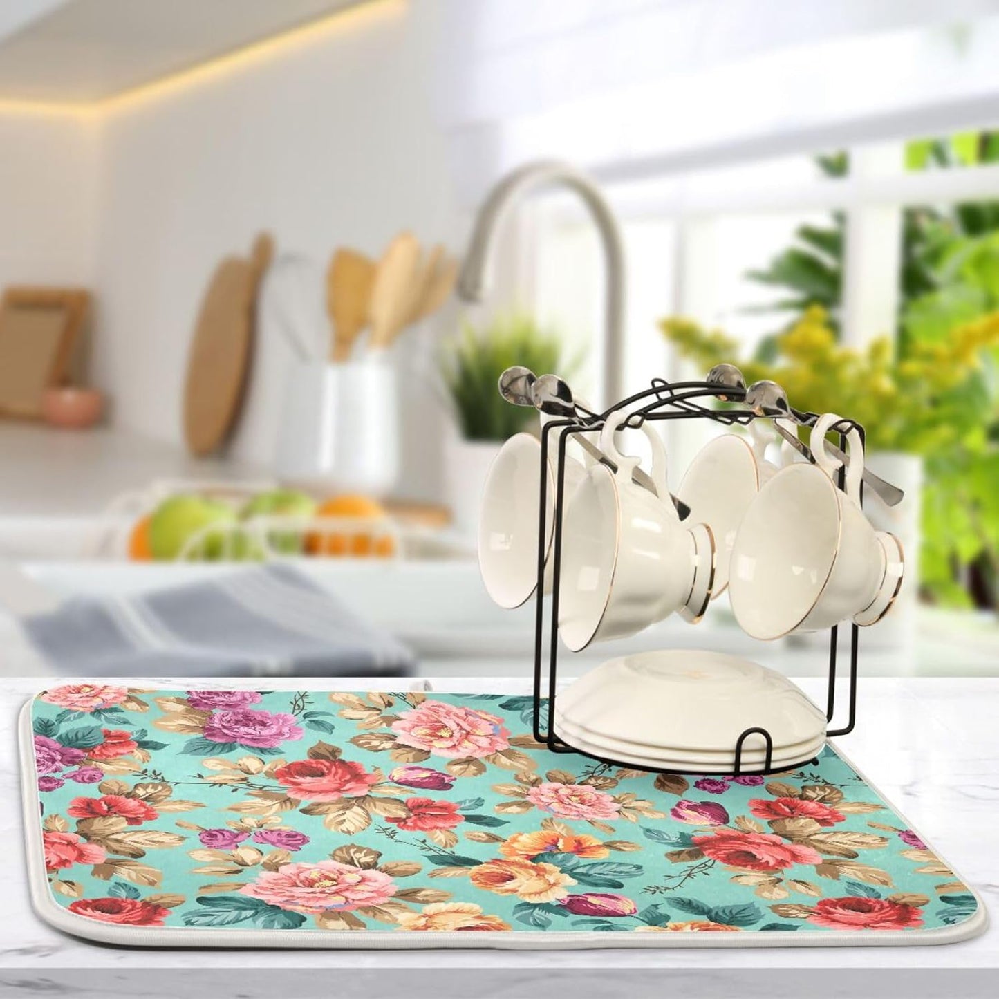 Colorful Flower Leaves Dish Drying Mat for Kitchen Counter Absorbent Microfiber Drying Pad, Large 18x24 in, Reversible Drainer Mats
