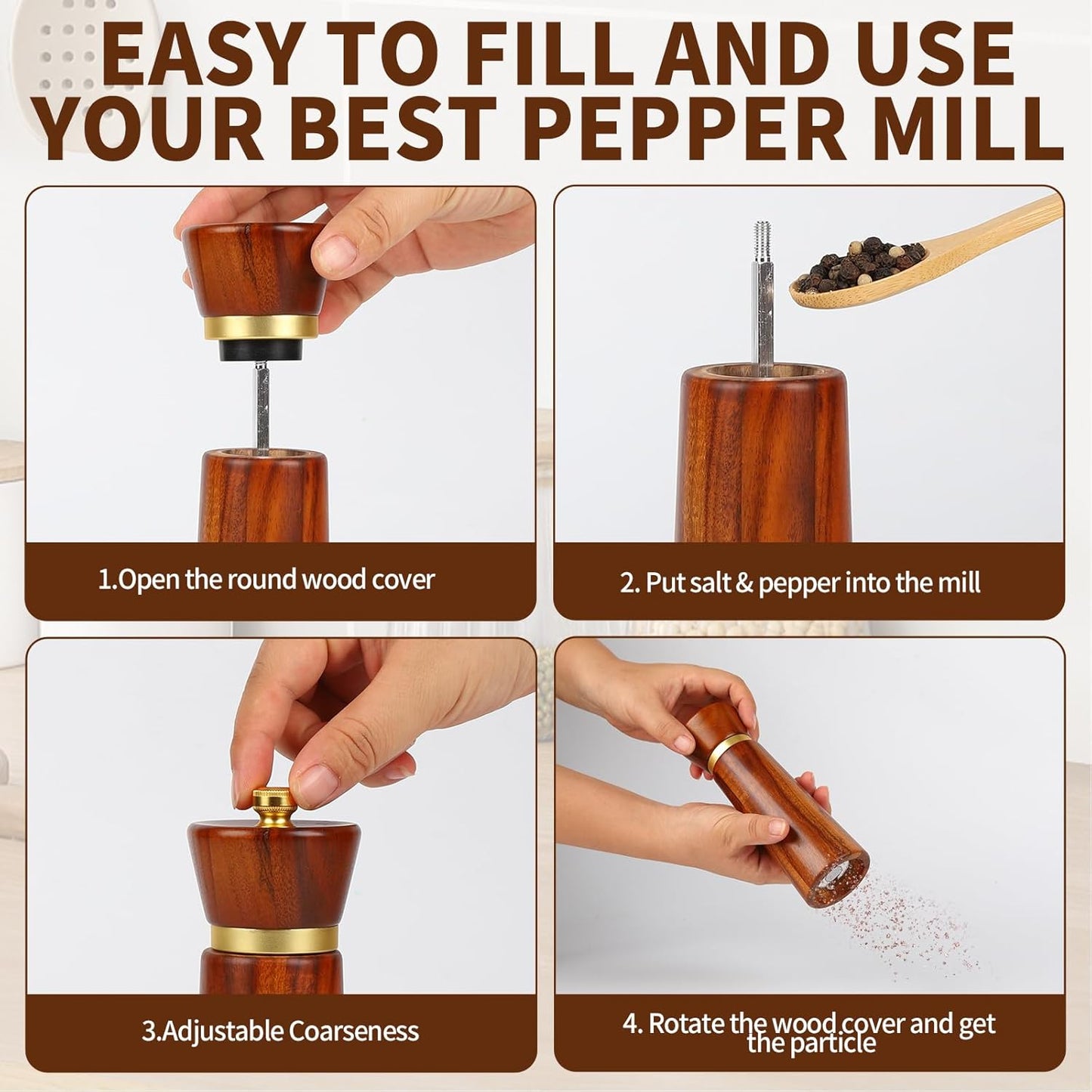 Wooden Pepper Grinder,Pepper Mill Wood–Salt Grinder Refillable with Coarseness,Pepper Grinder Manual Adjustable Ceramic Rotor,Easy Refill,Salt and Pepper Shakers1-Pack
