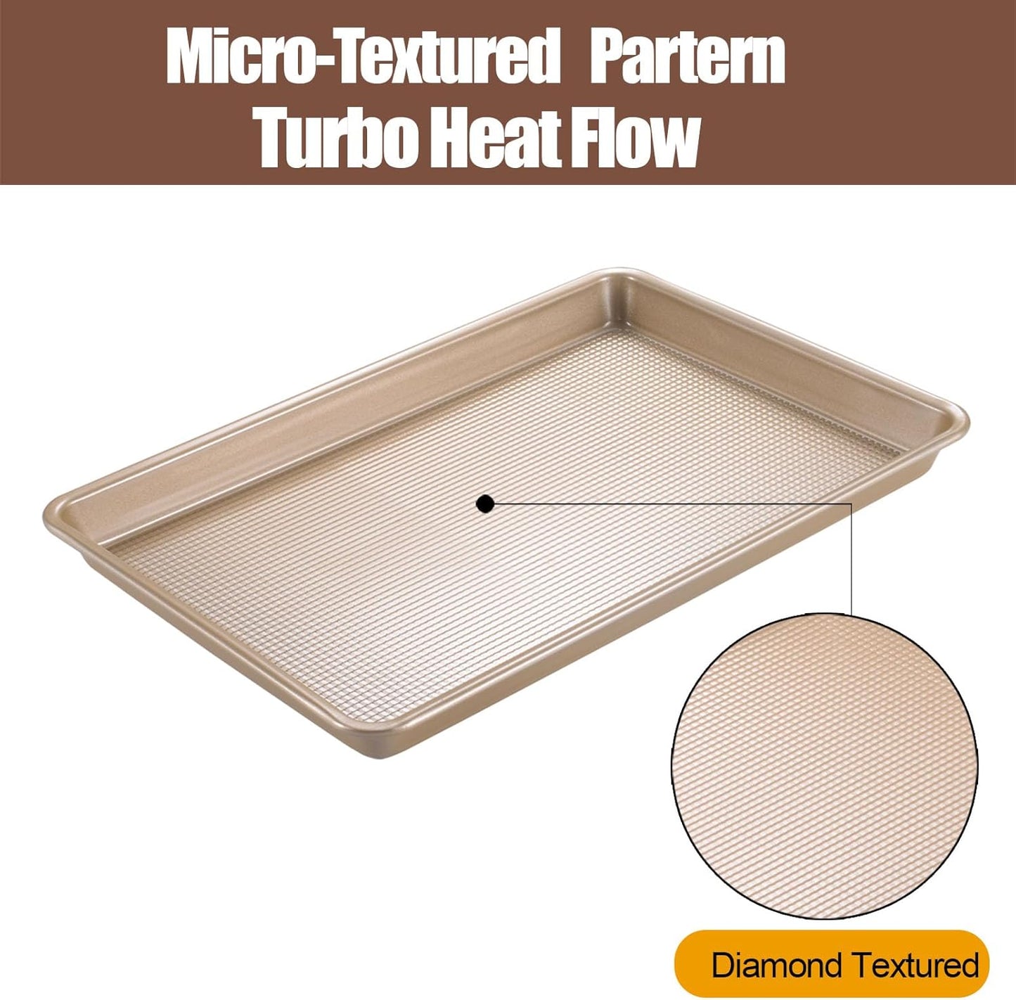 Cookie Sheets for Baking Nonstick, 2 Pack Heavy Duty 0.8mm Baking Sheet Pan Set Quarter(9x13in) & Jelly Roll(10x15in) with Diamond Texture, Gold Commercial Grade, Small Oven Safe