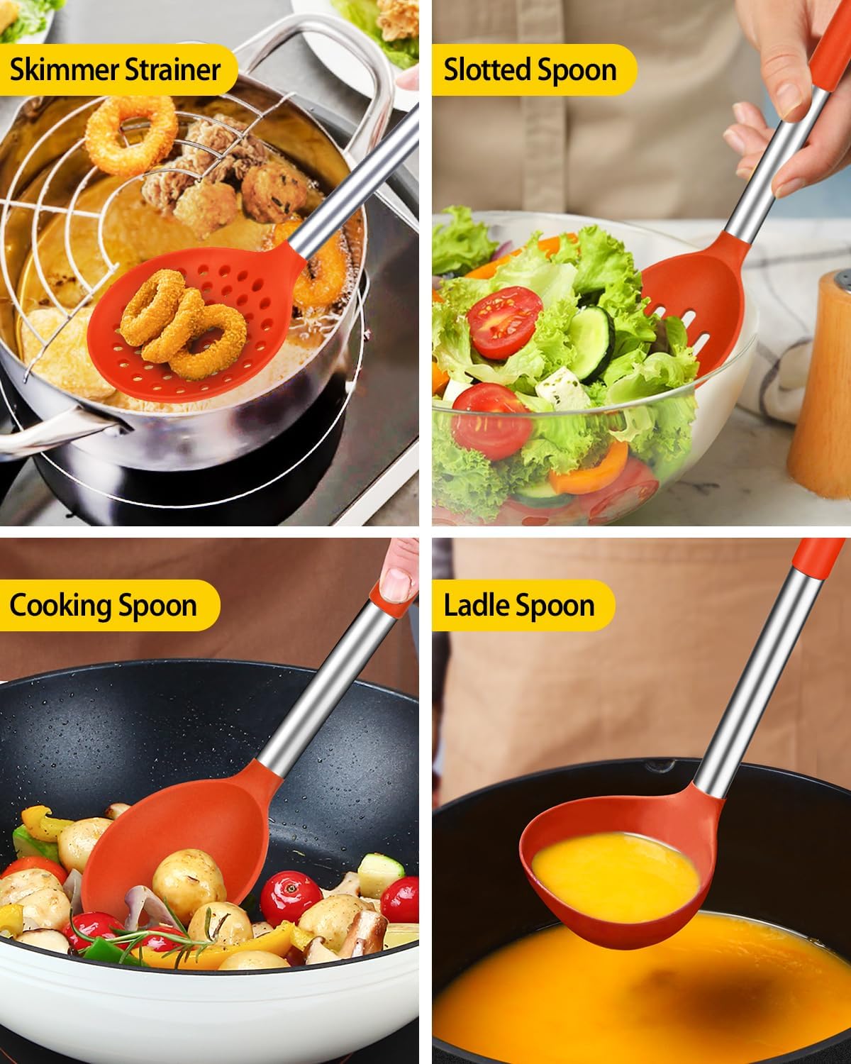 Silicone Cooking Utensil Set, 8Pcs Non-stick Cookware with Stainless Steel Handle, BPA Free Heat Resistant Kitchen Tools with Spatulas, Turners, Spoons, Skimmer and Pasta Fork (RED)
