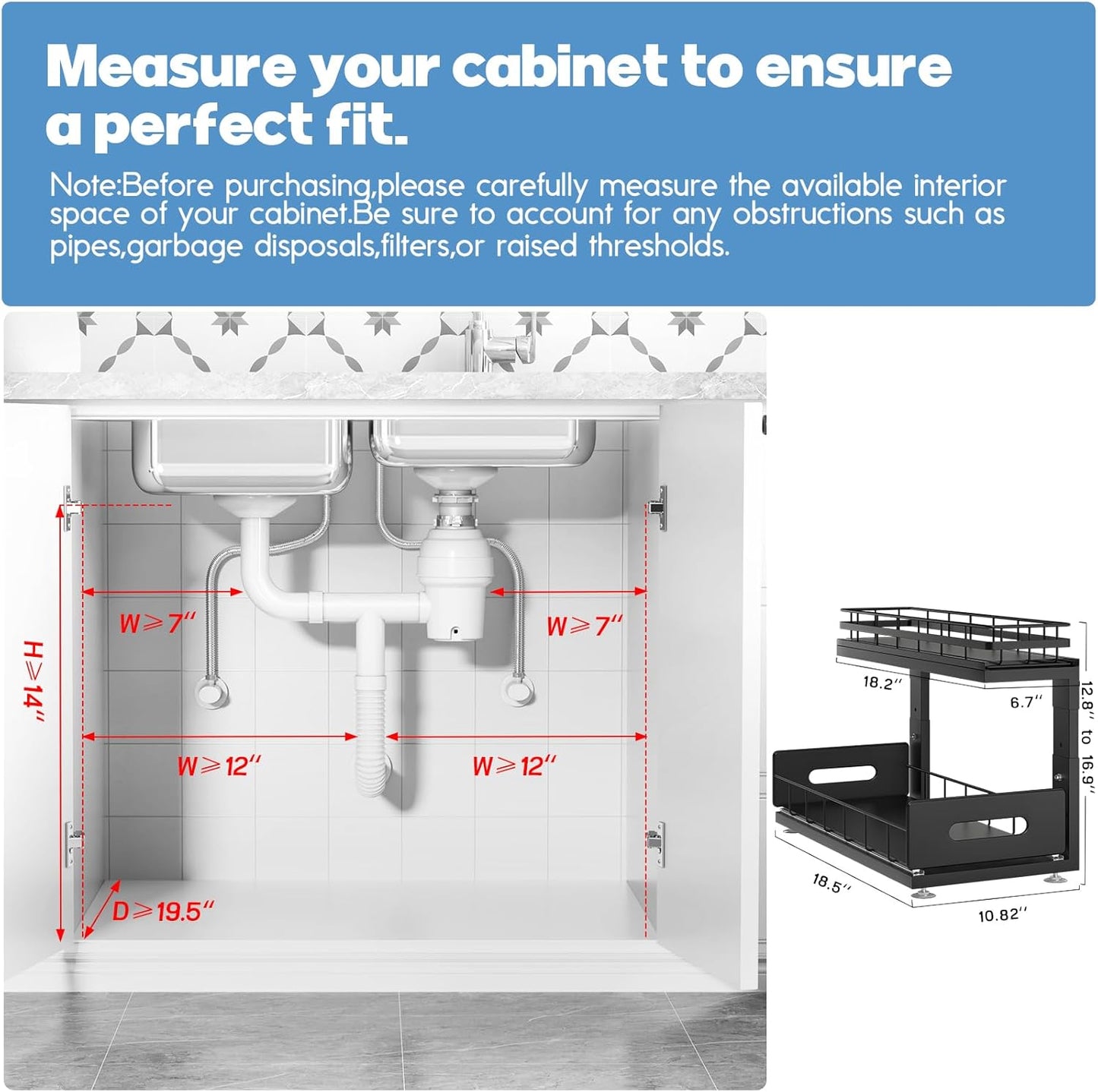 2 Pack 18 IN Depth Under Sink Organizer with Smooth Ball Bearing Slides,2-Tier Pull Out Cabinet Storage,Slide Out Drawers for Bathroom&Kitchen,Rust-resistant Coating,Height Adjustable-Black