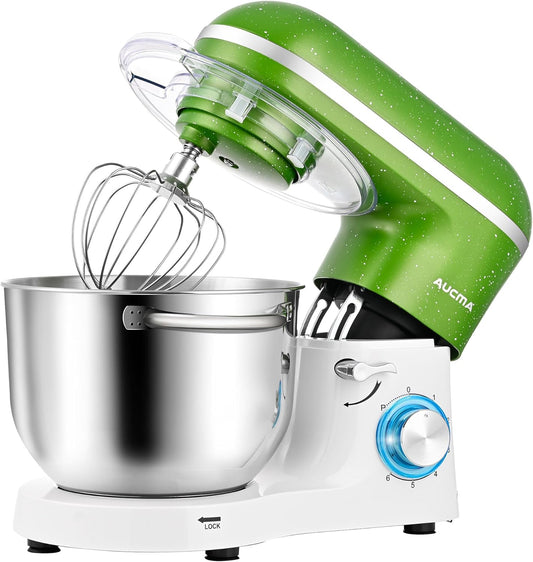Aucma Stand Mixer,6.5QT 660W 6-Speed Tilt-Head Food Mixer, Kitchen Electric Mixer with Dough Hook, Wire Whip & Beater (Green-White, 6.5QT)