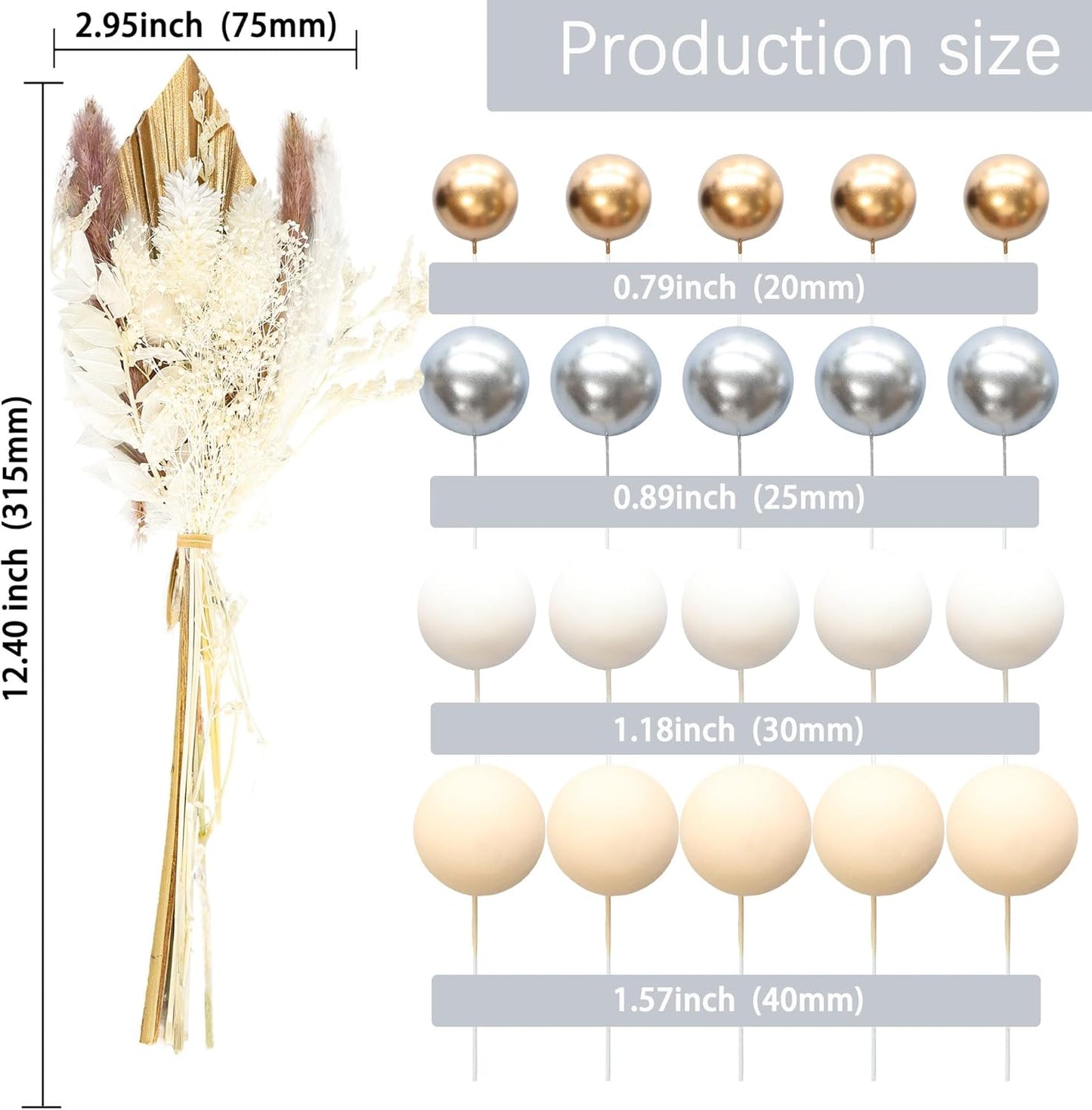 Gyufise 21 Pack Flower Boho Cake Topper Ball Cake Decorations Palm Leaves Plants Cake Decor for Girl Bohemian Princess Theme Wedding Baby Shower Birthday Party Supplies White