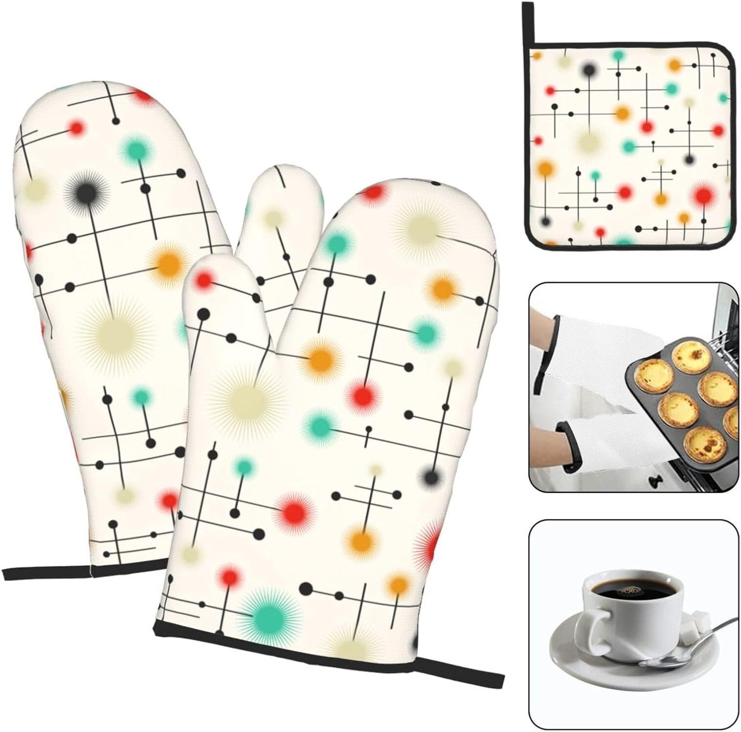 Mid Century Modern Oven Mitts and Pot Holders Sets of 3 Heat Resistant Non Slip Retro Kitchen Gloves Hot Pads for Cooking BBQ Grilling Baking