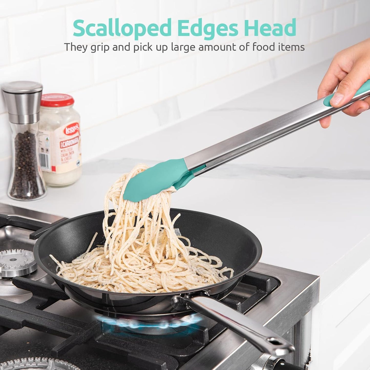 Heat Resistant Silicone Kitchen Tong: U-Taste 16 inch Extra Long Large 480ºF Hot Proof Cooking Tong with Sturdy Non Stick Rubber Tips & Non Slip Silicon Coated Steel Handle for Grilling BBQ (Aqua Sky)