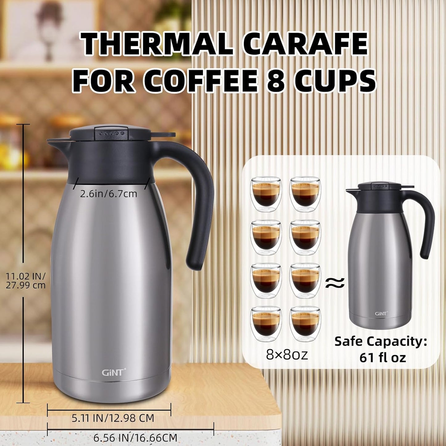 GiNT 64Oz Thermal Coffee Carafe, Insulated Stainless Steel Coffee Carafes for Keeping Hot/Double Walled Vacuum Thermal Carafe (Silver, 1.9L)