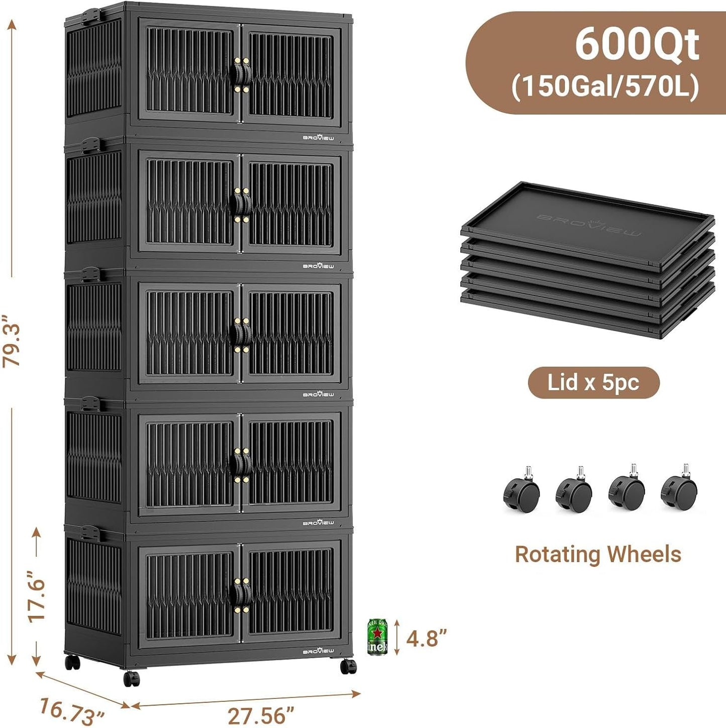 600Qt Stackable Storage Bins with 5 Lids, Extra Large Closet Organizer Collapsible Drawer Boxes with Wheels, Folding Plastic Cabinet Containers for Home Kitchen Room Organization, 5Pack Black