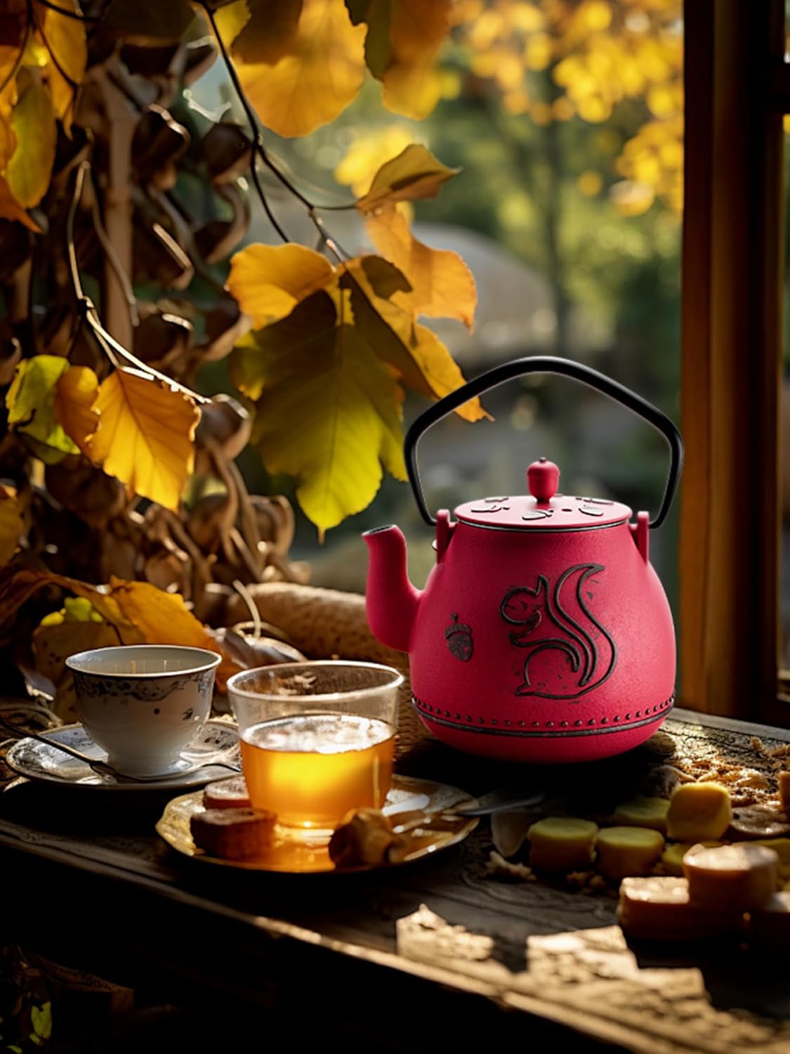 Toptier Teapot with Removable Infuser, Cast Iron Tea Kettle Stovetop Safe, Squirrel Design Tea Pot Coated with Enameled Interior for 32 Ounce (950 ml), Red