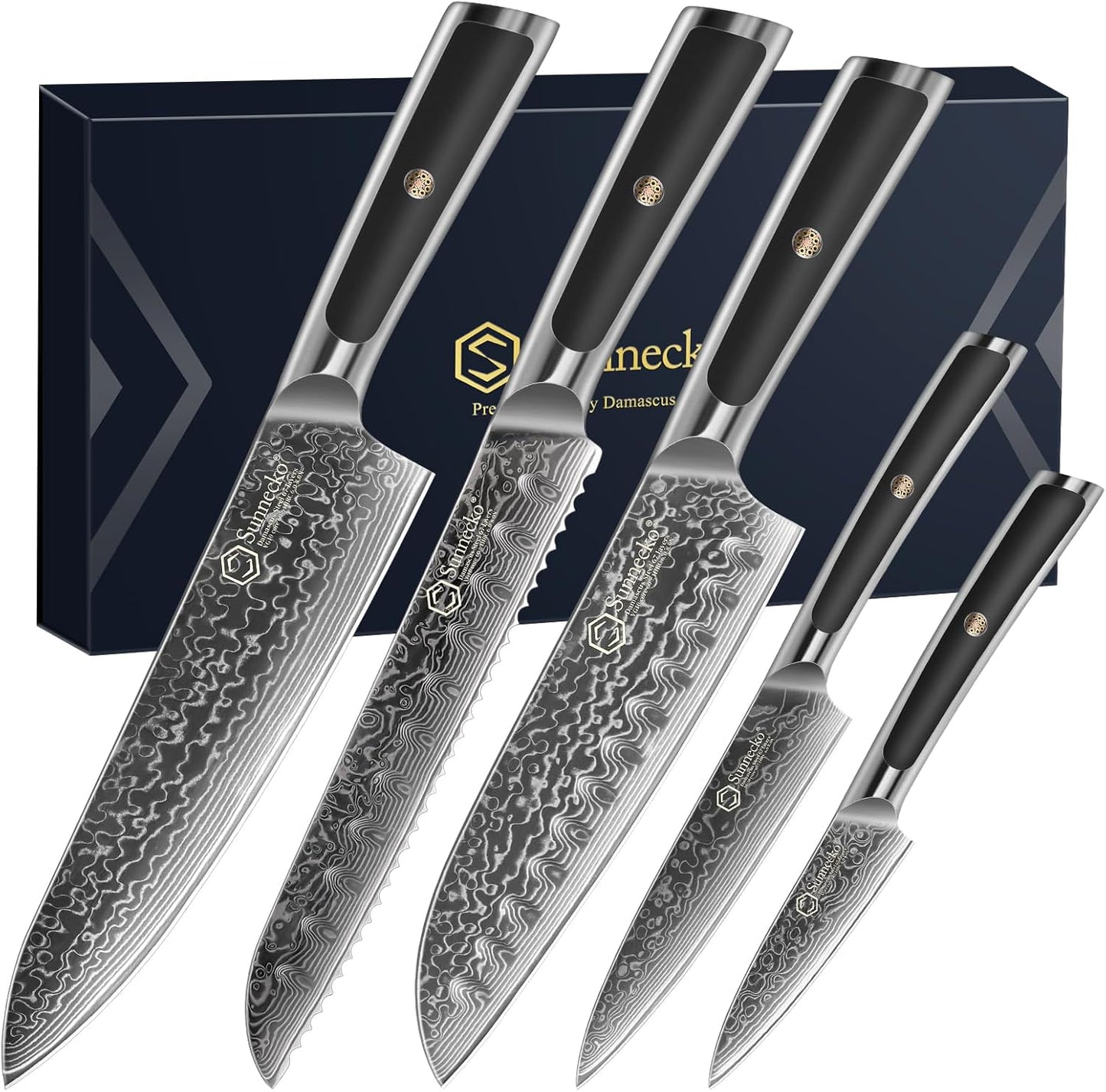 Sunnecko Damascus Kitchen Knife Set 5 Piece Chef Knife Set Professional, Sharp Kitchen Knives Set Full Tang, Gift Box