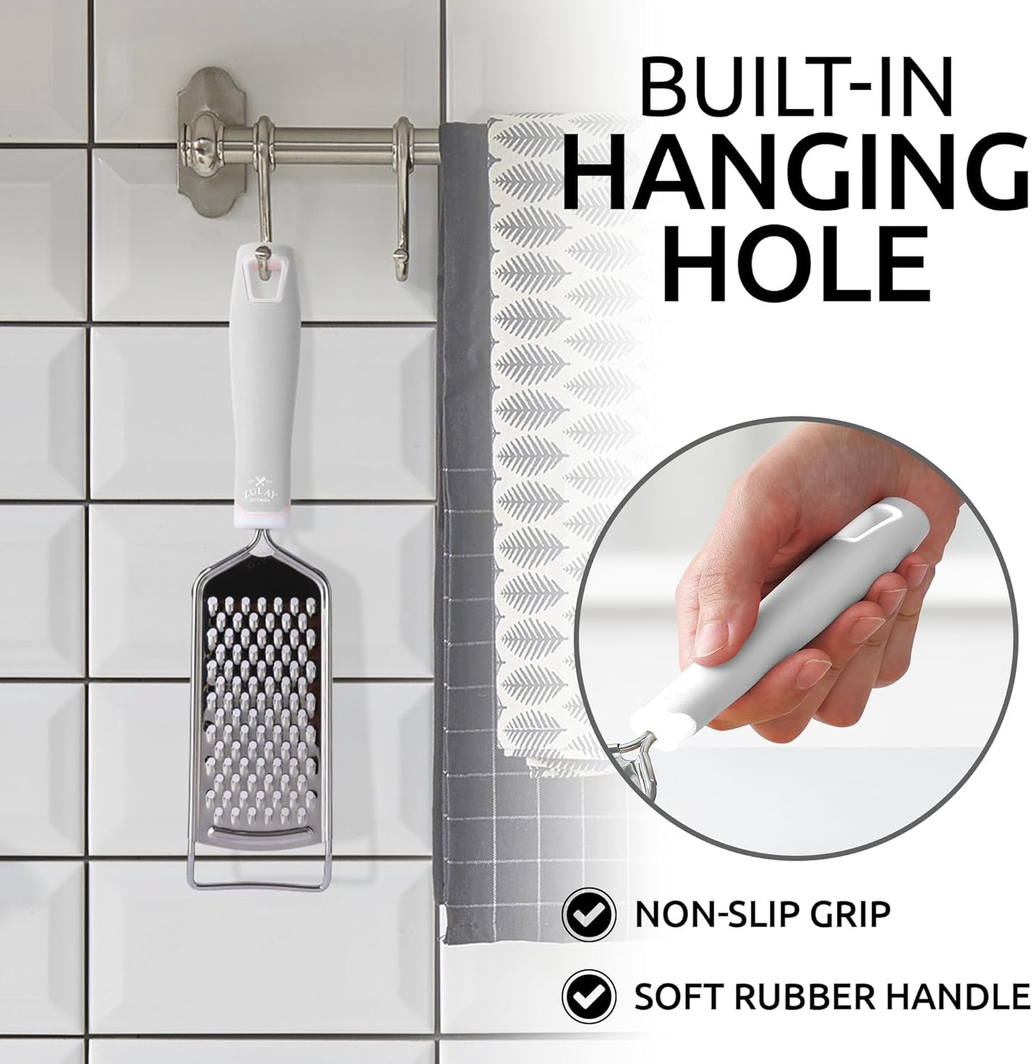 Zulay Kitchen Professional Cheese Grater Stainless Steel - Durable Rust-Proof Metal Lemon Zester Grater With Handle - Flat Handheld Grater For Cheese, Chocolate, Spices, And More - White