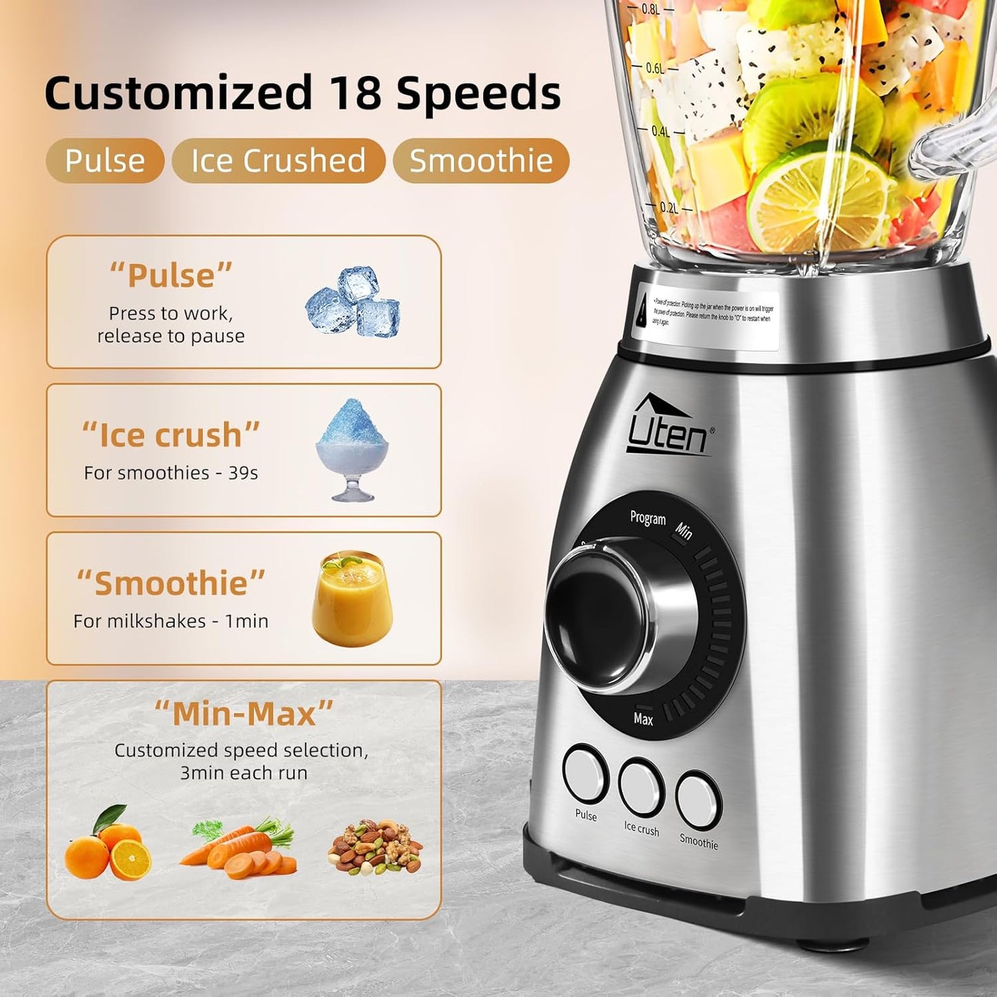 Uten 800 Watt Fast Countertop Blender for Smoothies and Shakes, Ground Coffee Beans, 60 Oz Glass Jar, 18 Speed Levels, 3 Programs Ice Crush, Smoothie, Pulse