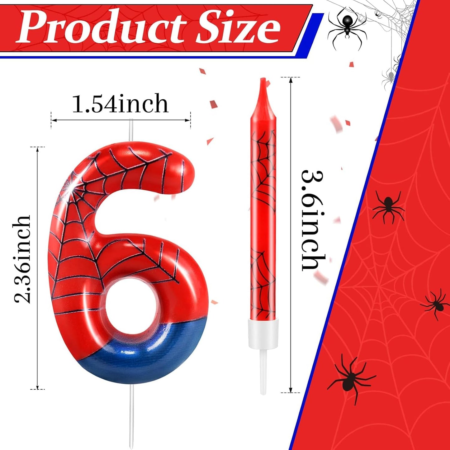 13 Pcs Spider Themed Birthday Candle Set Red Spider Theme Number 6 Candle Cake Topper for Boys Girls Birthday Decoration Spider Party Decoration Supplies (Number 6)