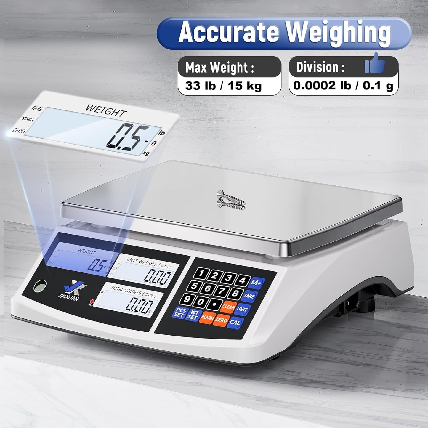 Industrial Counting Scale Digital Bench Scale lb/g/kg/oz Electronic Inventory Scale for Small Parts and Coins, 33lb/15kg Capacity Price Scale Gram Scale with Stainless Steel Platform LCD Display, 0.1g