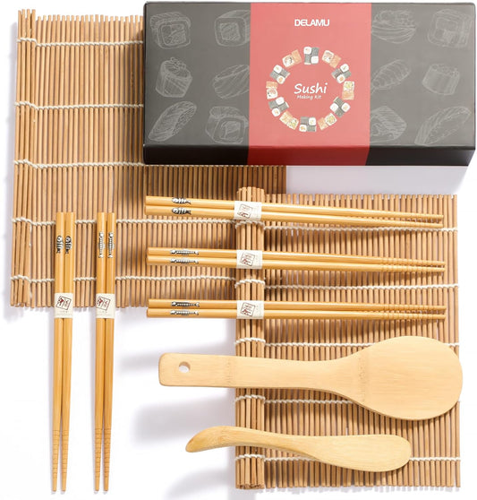 Sushi Making Kit, Delamu Bamboo Sushi Mat, Including 2 Sushi Rolling Mats, 5 Pairs of Chopsticks, 1 Paddle, 1 Spreader, 1 Beginner Guide PDF, Beginner Sushi Kit, Sushi Plates