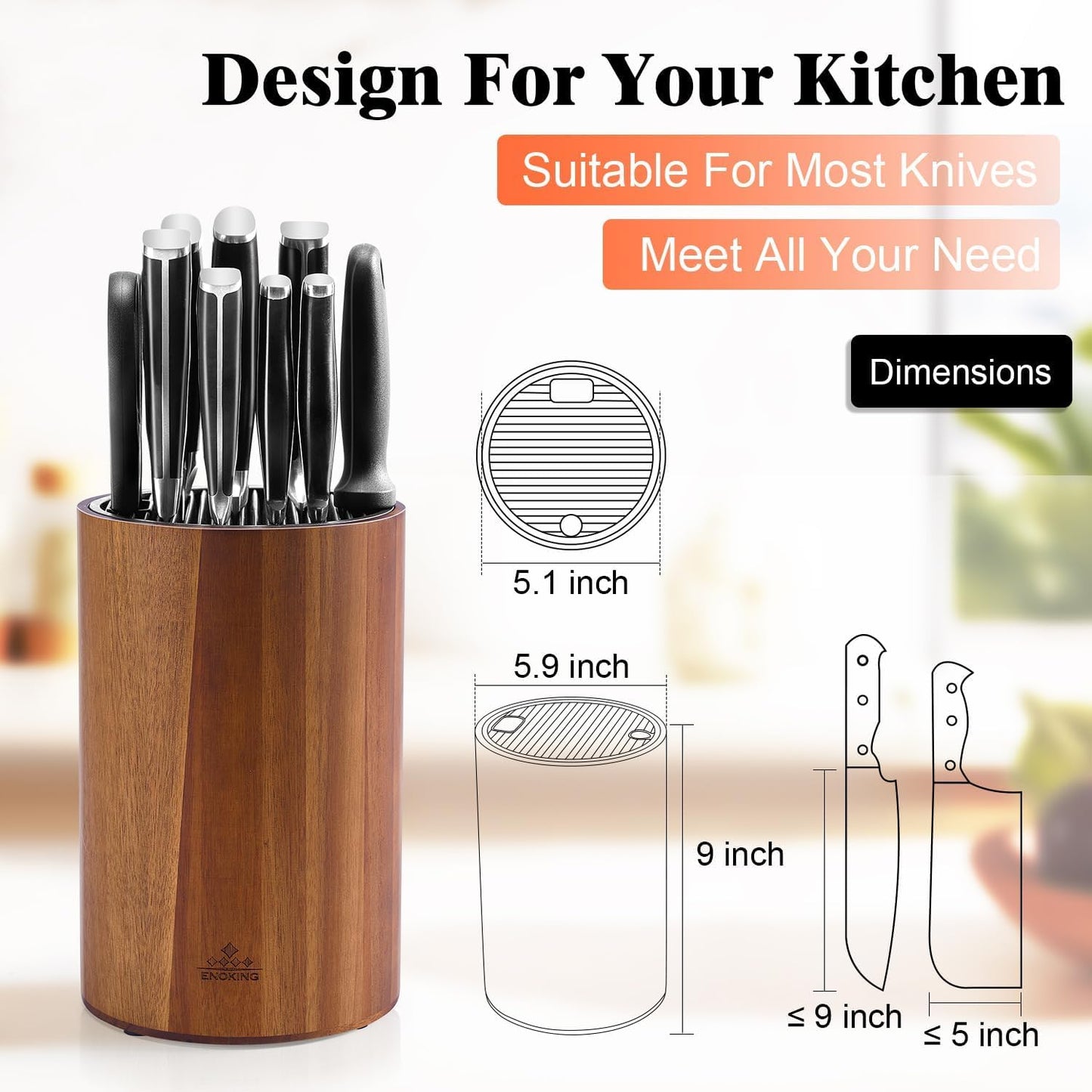 Enoking Universal Knife Block Holder with Plastic Lid, Acacia Wood Knife Block without Knives for Scissors, Sharpening Rod and Knives, Round Knife Storage Organizer Display
