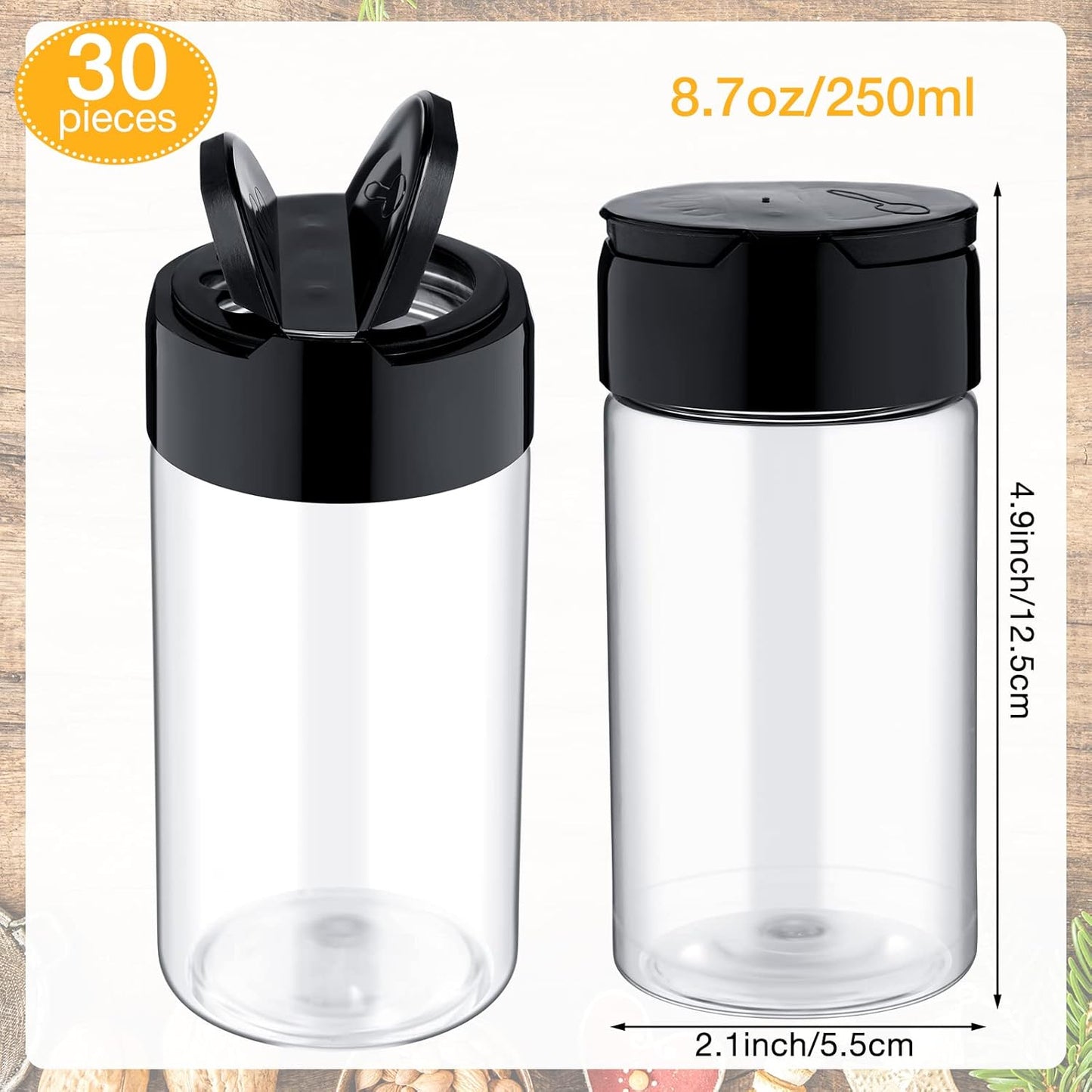 30 Pack 8.7 oz Plastic Spice Jars with Shaker Lids Clear Seasoning Containers Spice Bottles for Kitchen Storing Herbs Seasoning Powders