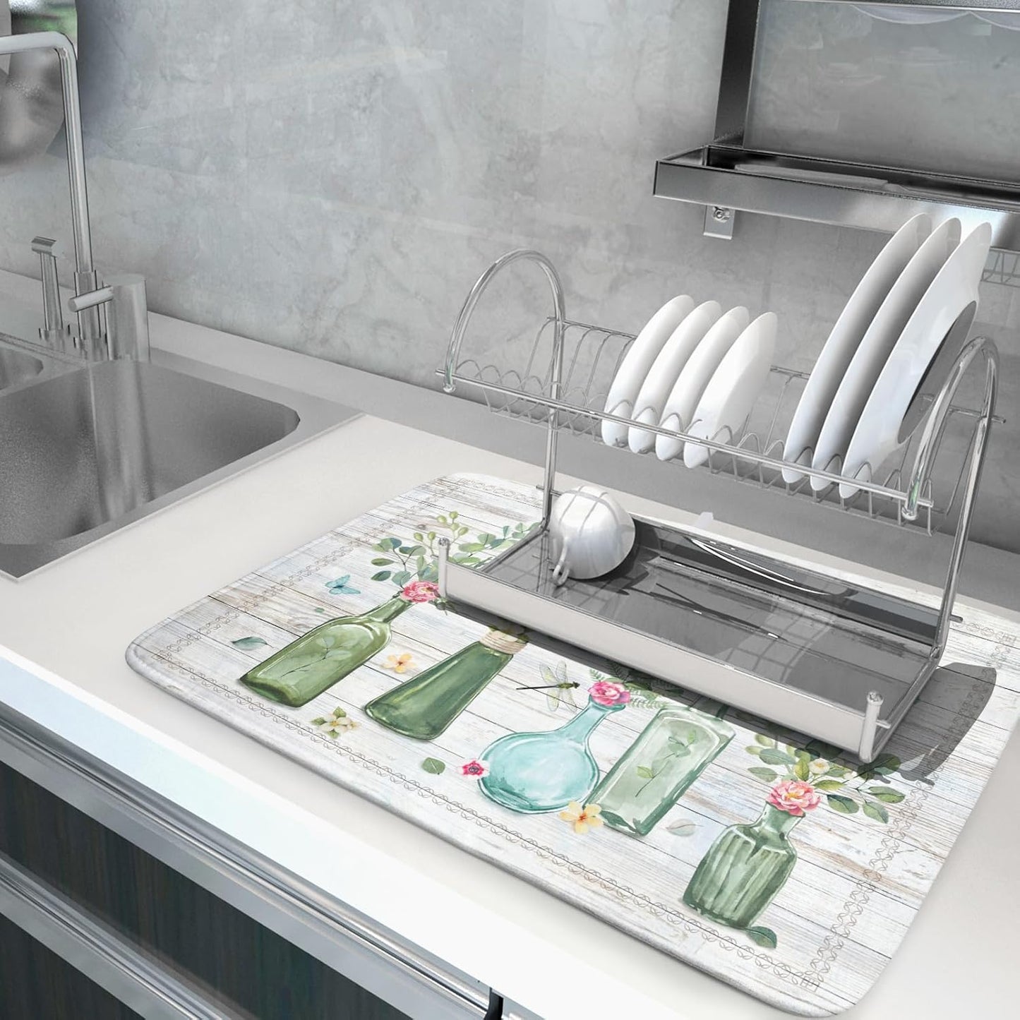 Fern Leaf Vase Dish Drying Mat 18x24 Inch Eucalyptus Leaves Microfiber Absorbent Dish Drainer Mat Reversible Drying Pad for Kitchen Counter Sink