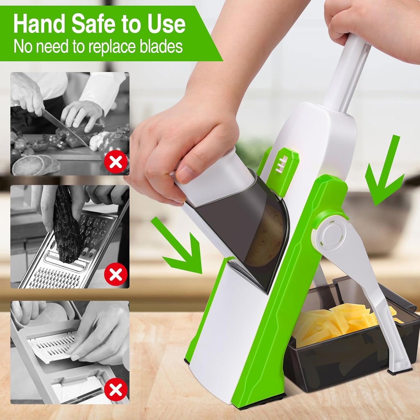 Masthome 5 in 1 Vegetable Chopper, Safe Mandoline Slicer,Professional Vegetable Slicer, Julienne&Dicer for Vegetables,Potato Slicer,Thickness Adjustable 0.1-8 mm Artifact Fast Meal Prep(Green)