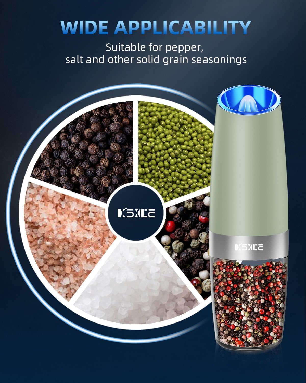 Gravity Electric Pepper and Salt Grinder Set, Adjustable Coarseness, Battery Powered with LED Light, One Hand Automatic Operation,Light Green, 2 Pack