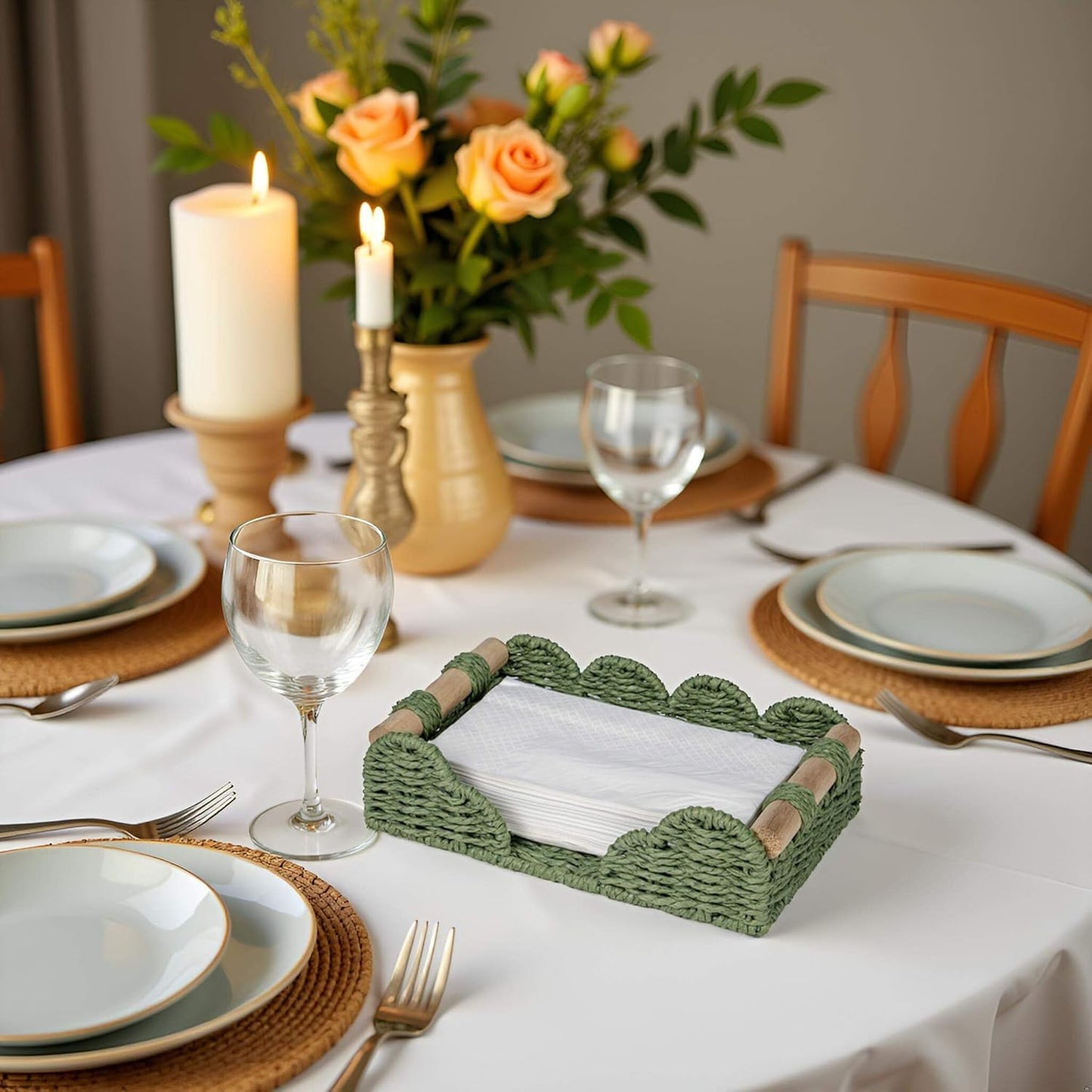 CubesLand Scalloped Napkin Holder for Bathroom Decor, Paper Rope Flat Napkin Dispenser Guest Towel Tray for Bathroom, Farmhouse Warm Napkin Holder for Table Dining Room Home Kitchen Decor, Green