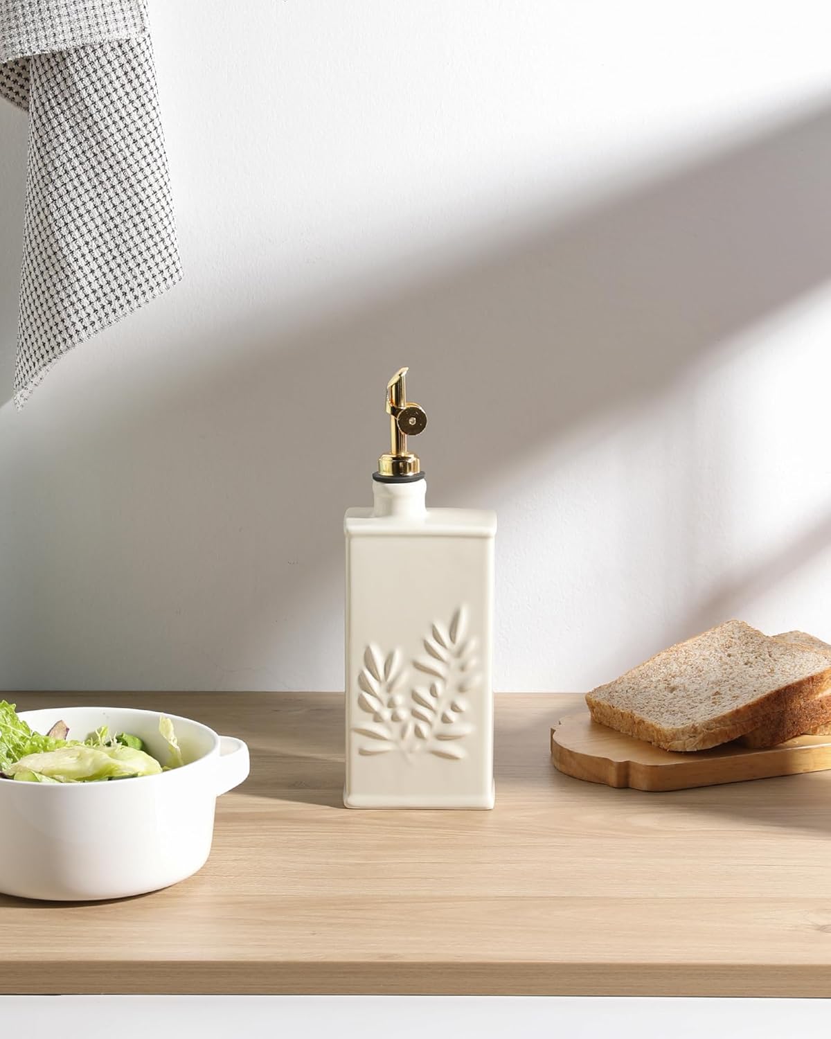 Sweejar Ceramic Olive Oil Dispenser Bottle for Kitchen, 17 Oz Relief Opaque Oil and Vinegar Dispenser Bottle with Spout, Suitable for Soy Sauce, Coffee Syrup, Liquids (Beige)
