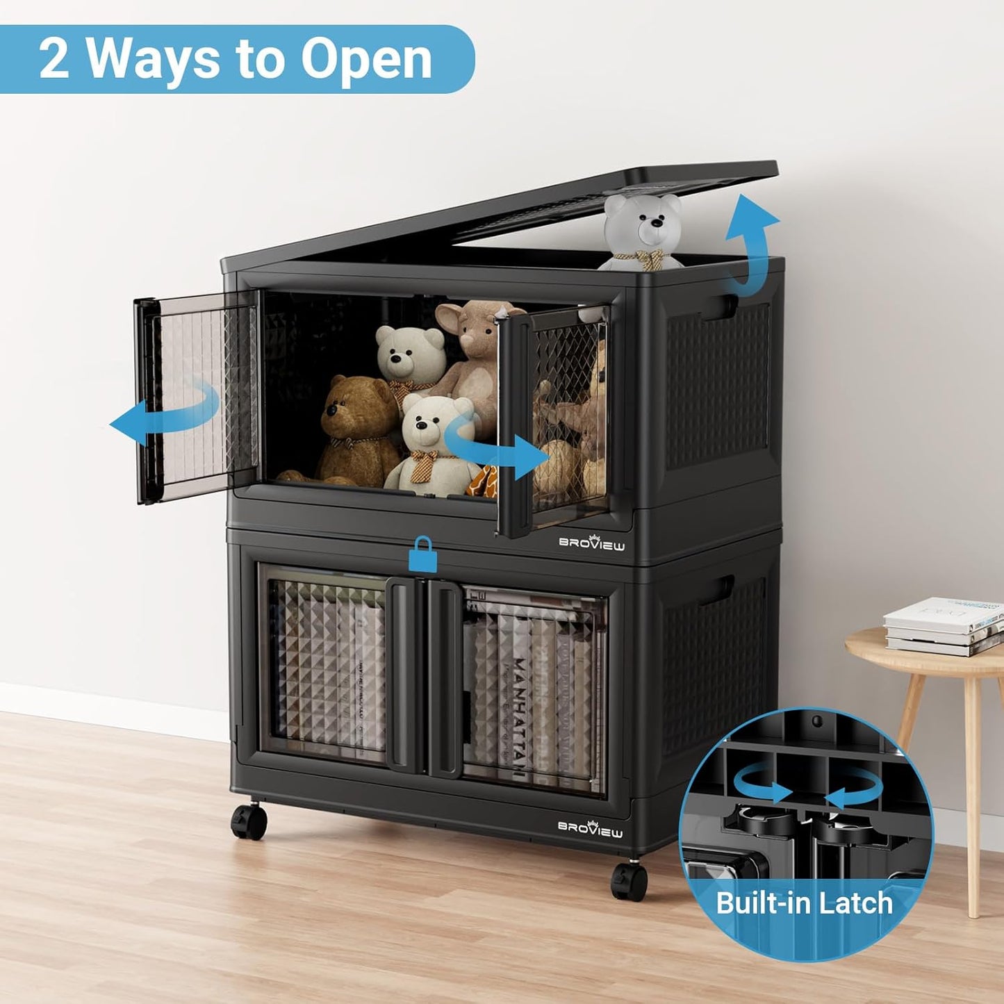 500Qt Stackable Storage Bins with Lids, 125Gal Closet Organizers and Storage Drawer, Plastic Collapsible Storage Bins with Doors, Heavy Duty Store Box Cabinet for Home Office, 5Pack Black