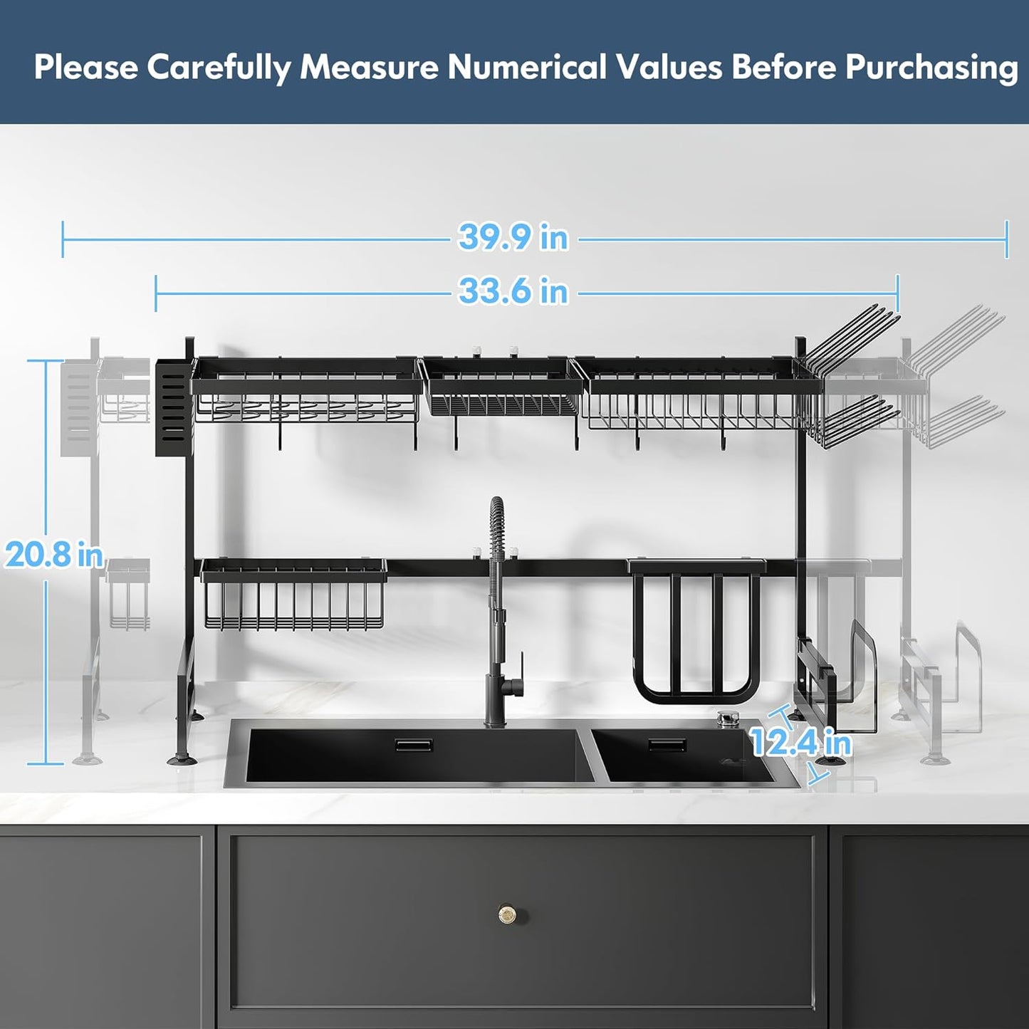 2 Tier Extra Large Stainless Steel Expandable Over The Sink Dish Drainer Drying Rack, Rust Proof Metal, Space Saving, Modern Black Big Capacity Extendable Plate Strainers Above Kitchen Counter