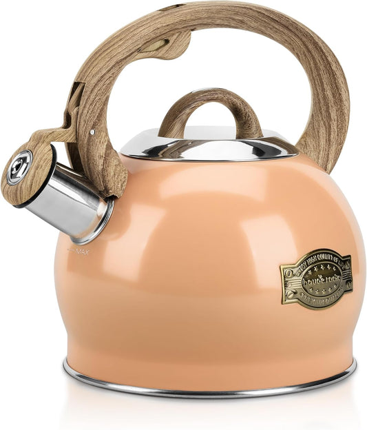 Tea Kettle Stovetop, 2.1 Quart Stove Top Whistling Tea Kettle, Teapot Kettles with Food Grade Stainless Steel and Wood Pattern Folding Handle, Suitable for All Heat Sources