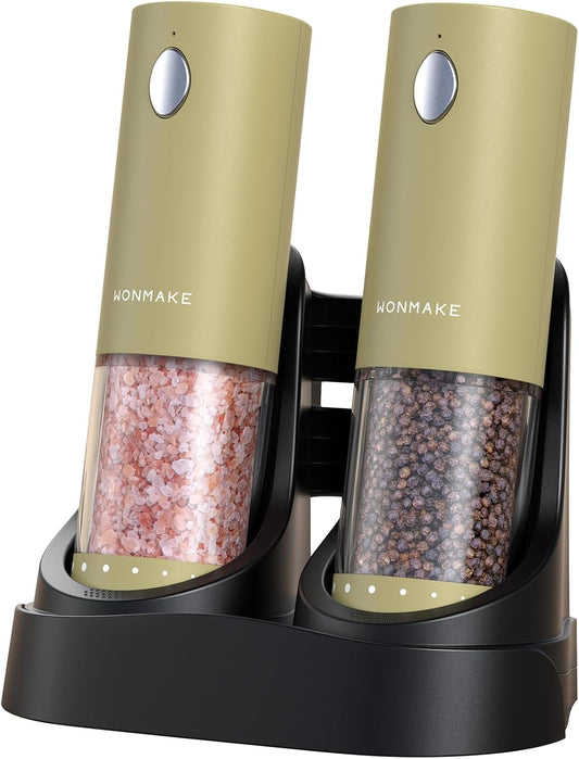 Electric Salt and Pepper Grinder Set - Automatic Refillable Salt and Pepper Grinders with Charging Base & LED Light, 6-Level Adjustable Coarseness with External Dial, Ideal Kitchen Gadget，Green