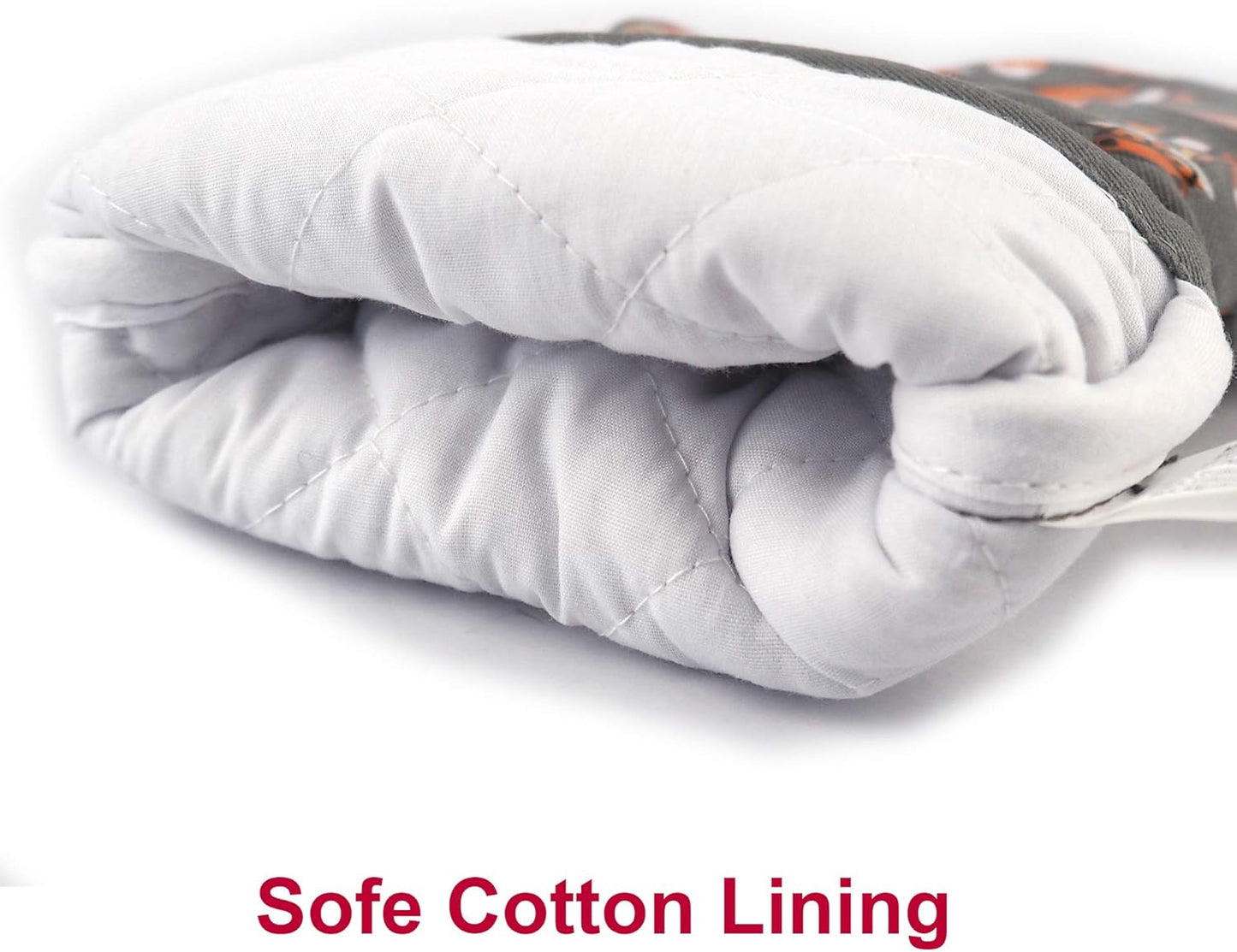 Oven Mitts Gloves 1 Pair Heat Resistant 480 ℉ Non Slip Clear Silicone Printed Fox Comfortable Cotton Lining Kitchen Women Men Cooking Baking Barbecue Machine Washable (Fox, Gray Mittens)